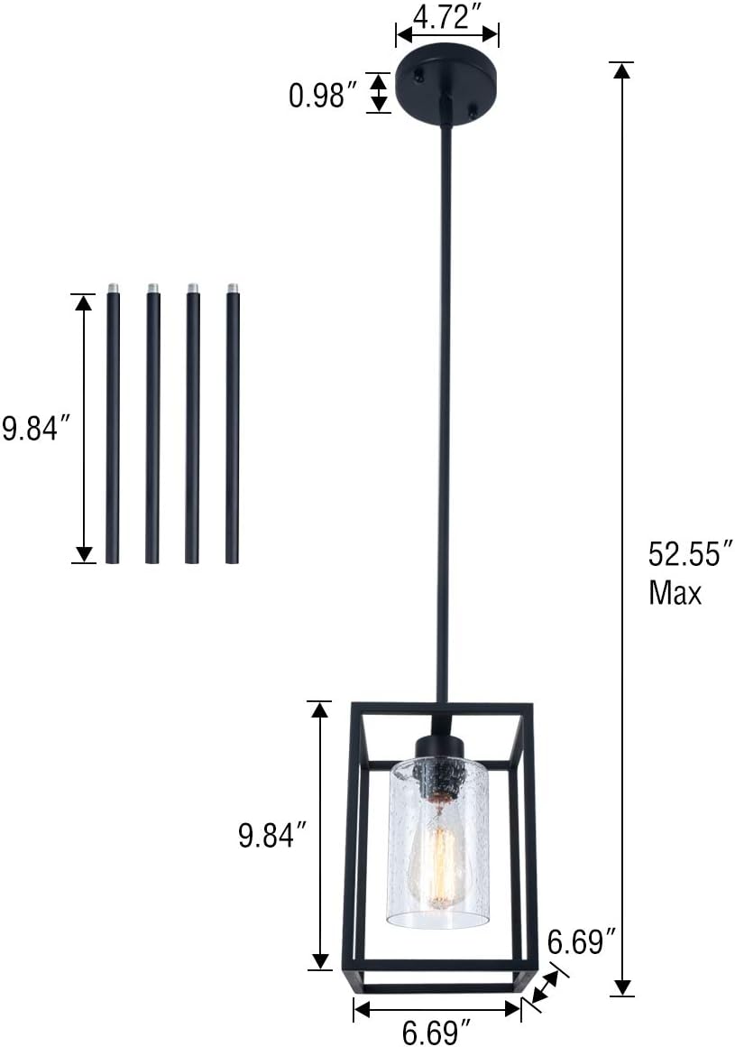 VILUXY Black Pendant Lights Kitchen Island Farmhouse Seeded Glass 1-Light Dining Room Pendant Lamp Fixtures Metal Cage Hanging Lights for Over Sink