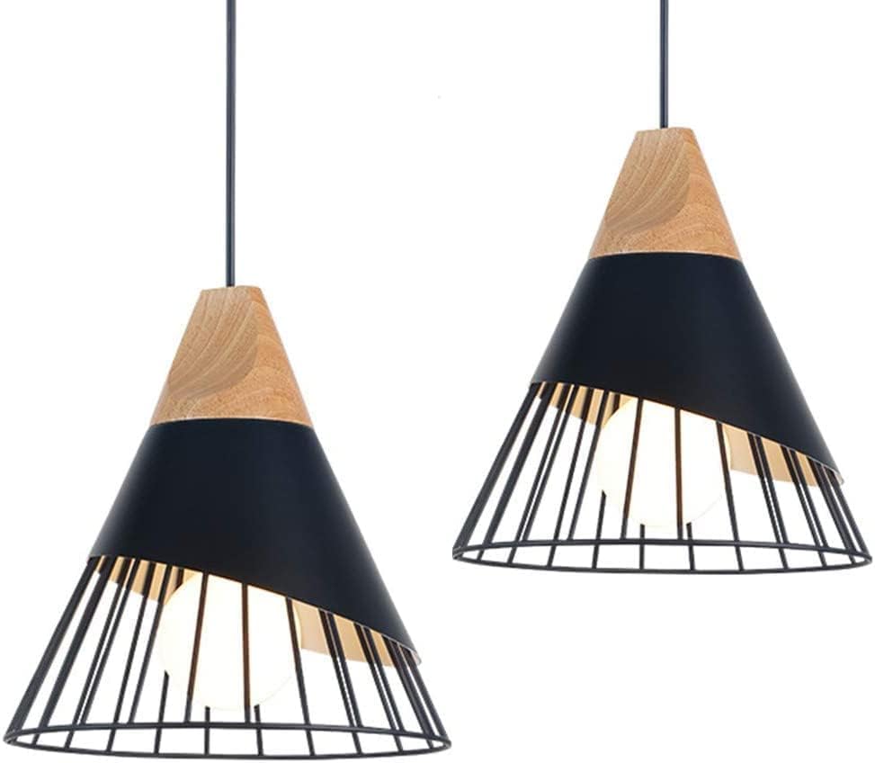 Black Farmhouse Pendant Light with Wood,Modern Wood & Metal Pendant Lighting,Adjustable Height Hanging Ceiling Light Fixture for Kitchen Island Dining Room Bedroom Hallway
