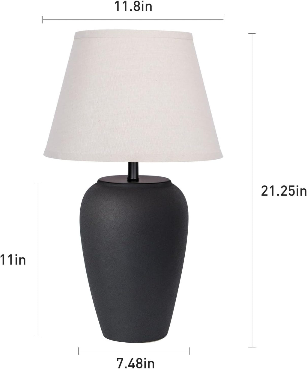 YEPDIN Ceramic Pot Table Lamp 21.25 inch Compact Frosted Nightstand Lamp, Tapered Fabric Shade Bedside, Ceramic Decorative for Living Room Bedroom House Office Entryway, TL3