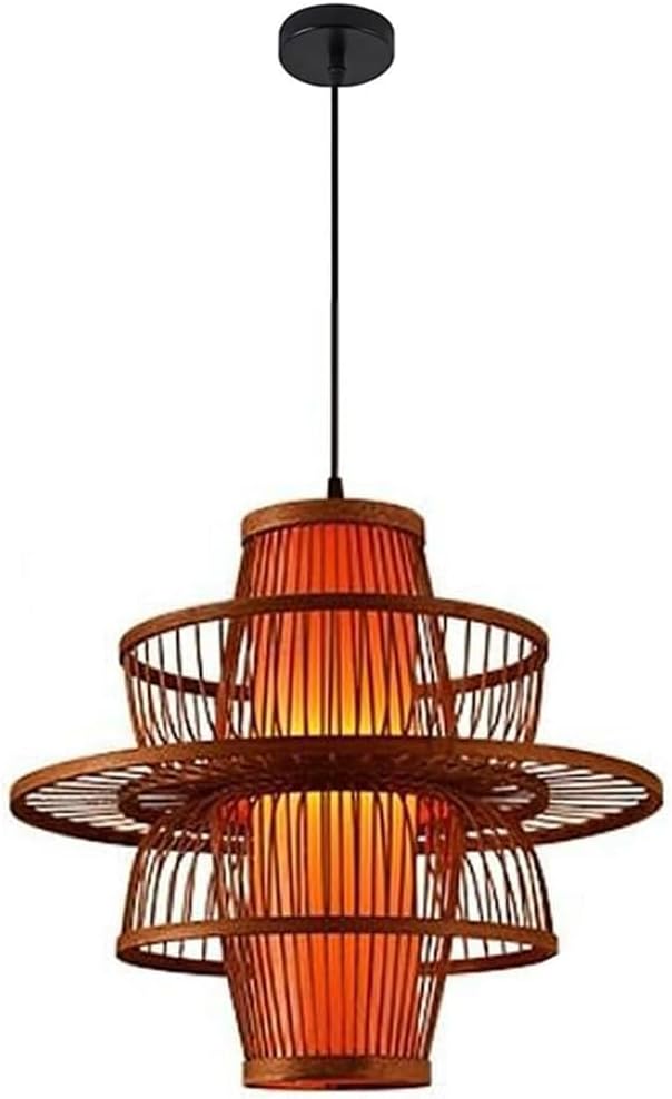 Traditional Antique Pendant Light Chinese Bamboo Cage Hanging Ceiling Lamp with Red Imitation Parchment Lampshade Large Wicker Restaurant Cafe Corridor Decor Light Fixture 17.7"