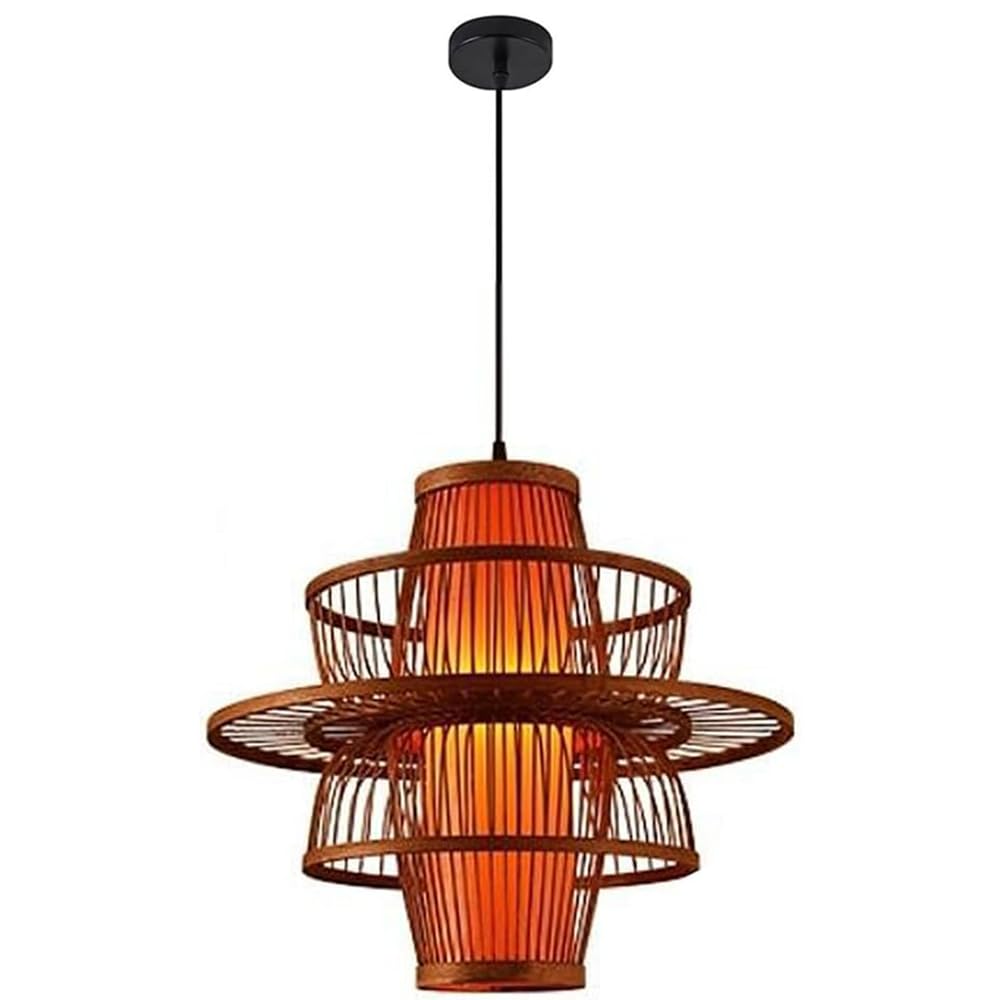 Traditional Antique Pendant Light Chinese Bamboo Cage Hanging Ceiling Lamp with Red Imitation Parchment Lampshade Large Wicker Restaurant Cafe Corridor Decor Light Fixture 17.7"