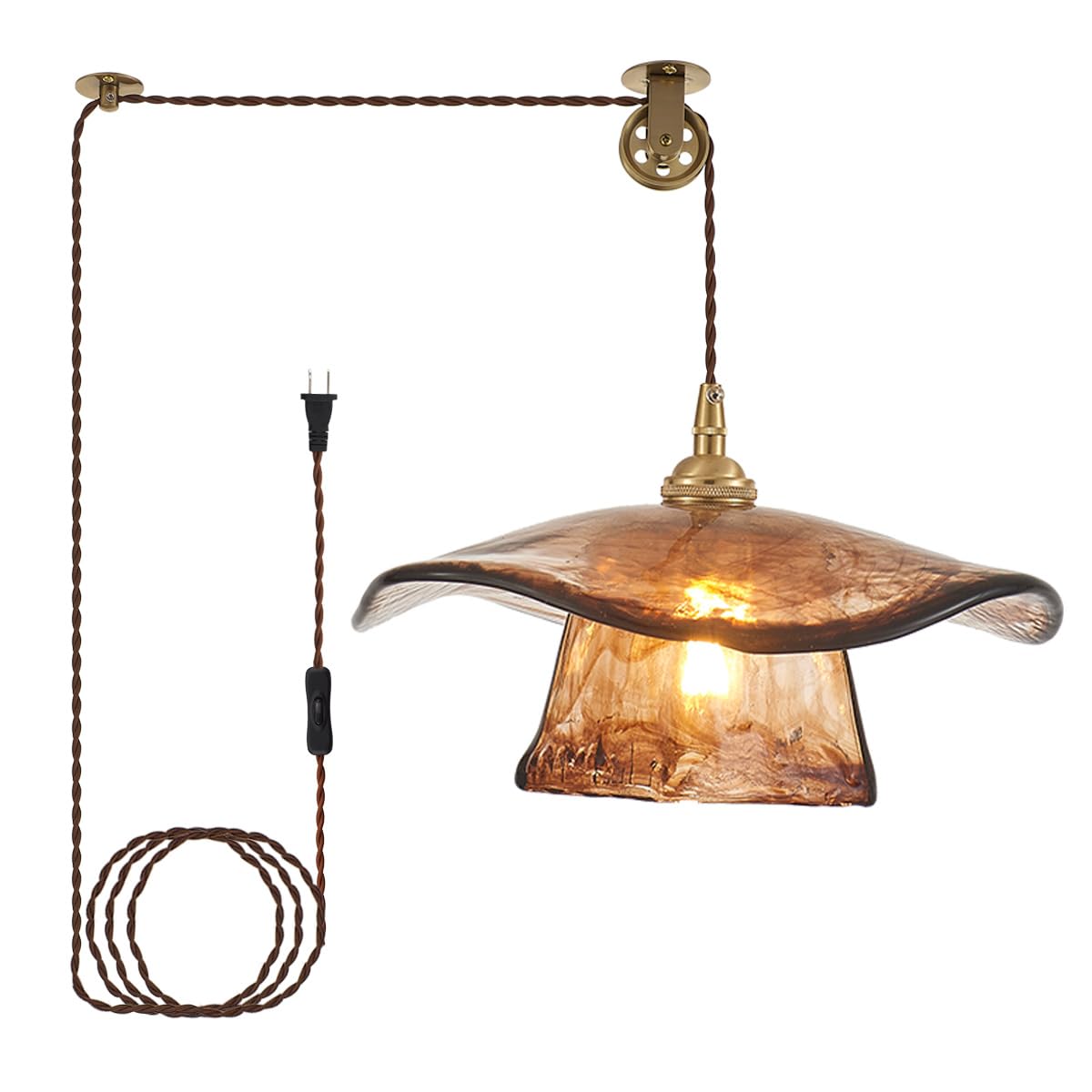 YLONG-ZS Vintage Plug in Pendant Light,Boho Hanging Lamp Plug in Pulley Green Glass Pendant Lamp,Modern Walnut Color Wood Hanging Light for Kitchen Island, Bedroom, Dining Room, Living Room