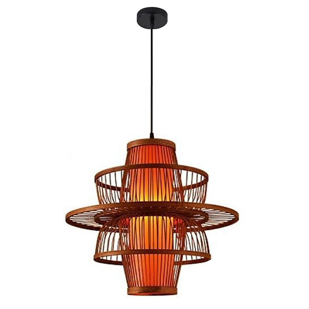 Traditional Antique Pendant Light Chinese Bamboo Cage Hanging Ceiling Lamp with Red Imitation Parchment Lampshade Large Wicker Restaurant Cafe Corridor Decor Light Fixture 17.7"