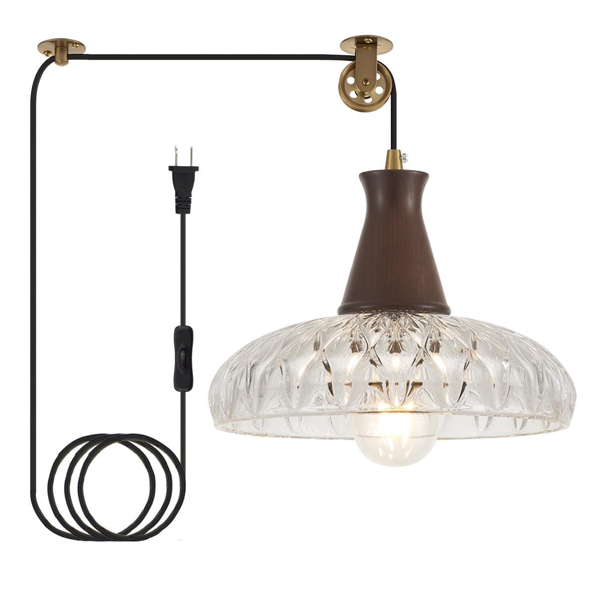 YLONG-ZS Vintage Plug in Pendant Light,Boho Hanging Lamp Plug in Pulley Green Glass Pendant Lamp,Modern Walnut Color Wood Hanging Light for Kitchen Island, Bedroom, Dining Room, Living Room