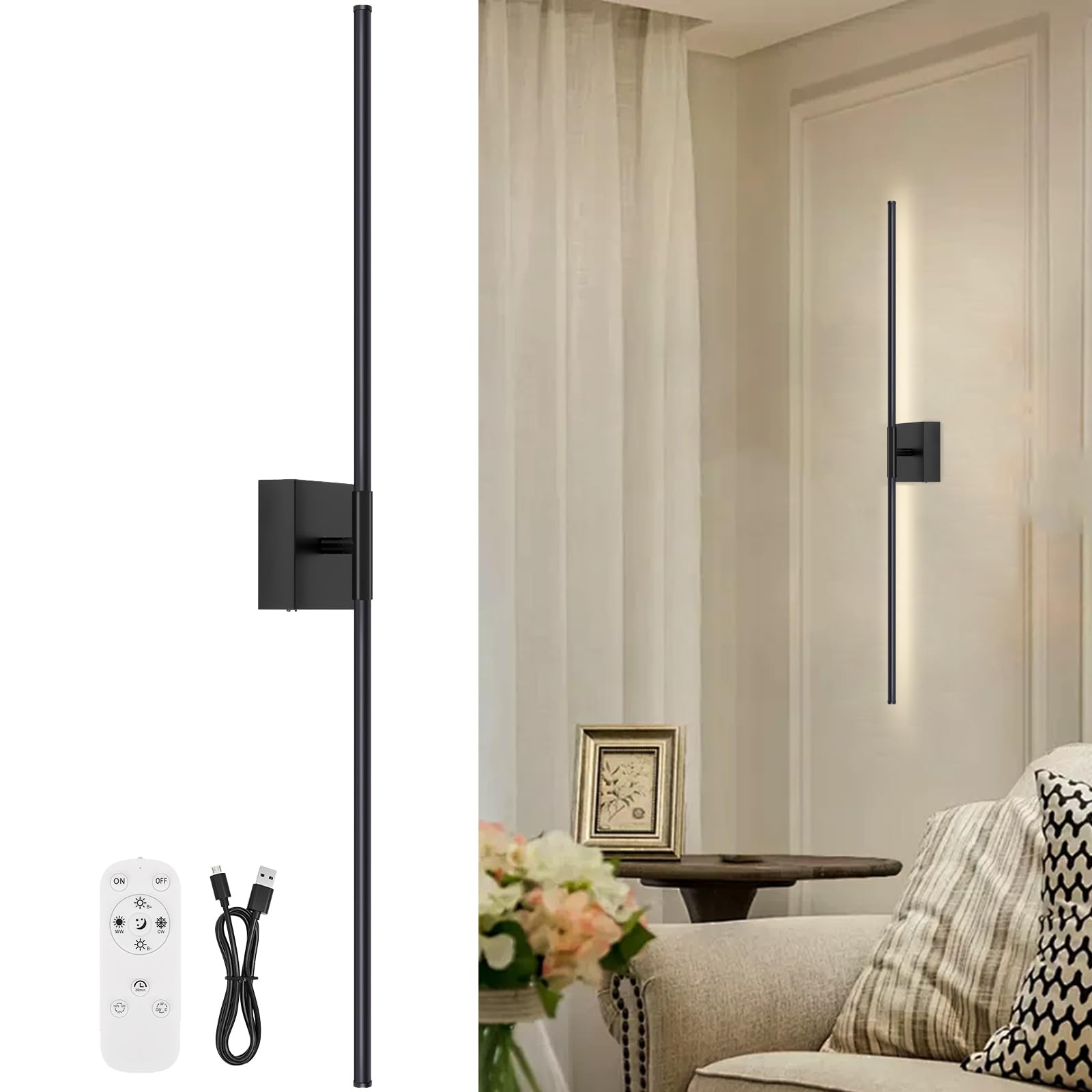 Battery Operated Wall Sconce Set of Two with Remote Control, 3000K-6000K Dimmable Black Wall Lights, Timable LED Wireless Wall Sconces, 350° Ratate for Bathroom, Living Room, Hallway 29.1 Inch