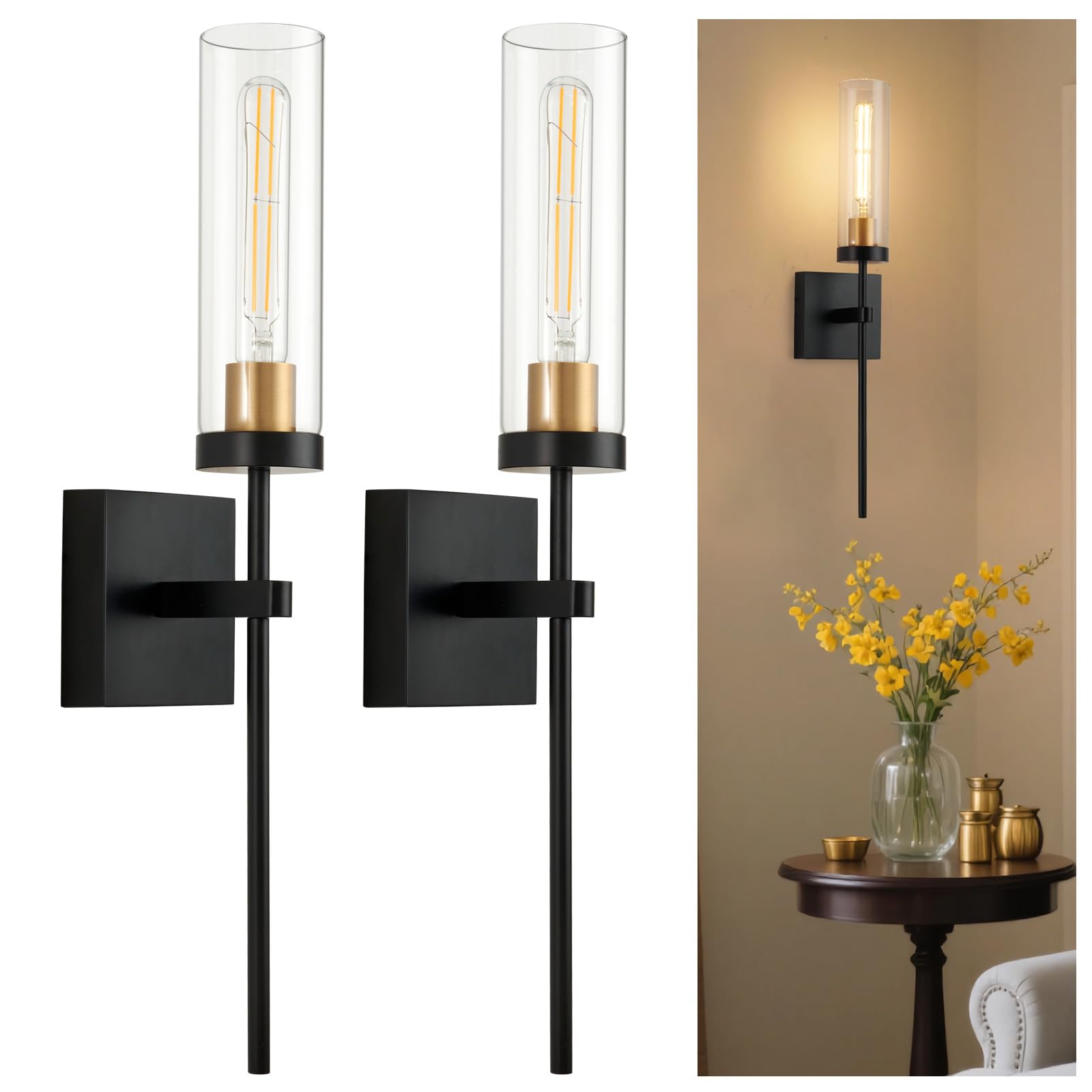 Hardwired Wall Sconces Set of Two, Bathroom Vanity Sconces Wall Lighting with Clear Glass Shade, Black and Gold Modern Farmhouse Wall Mount Lights for Mirror Bedroom Living Room Hallway Entryway
