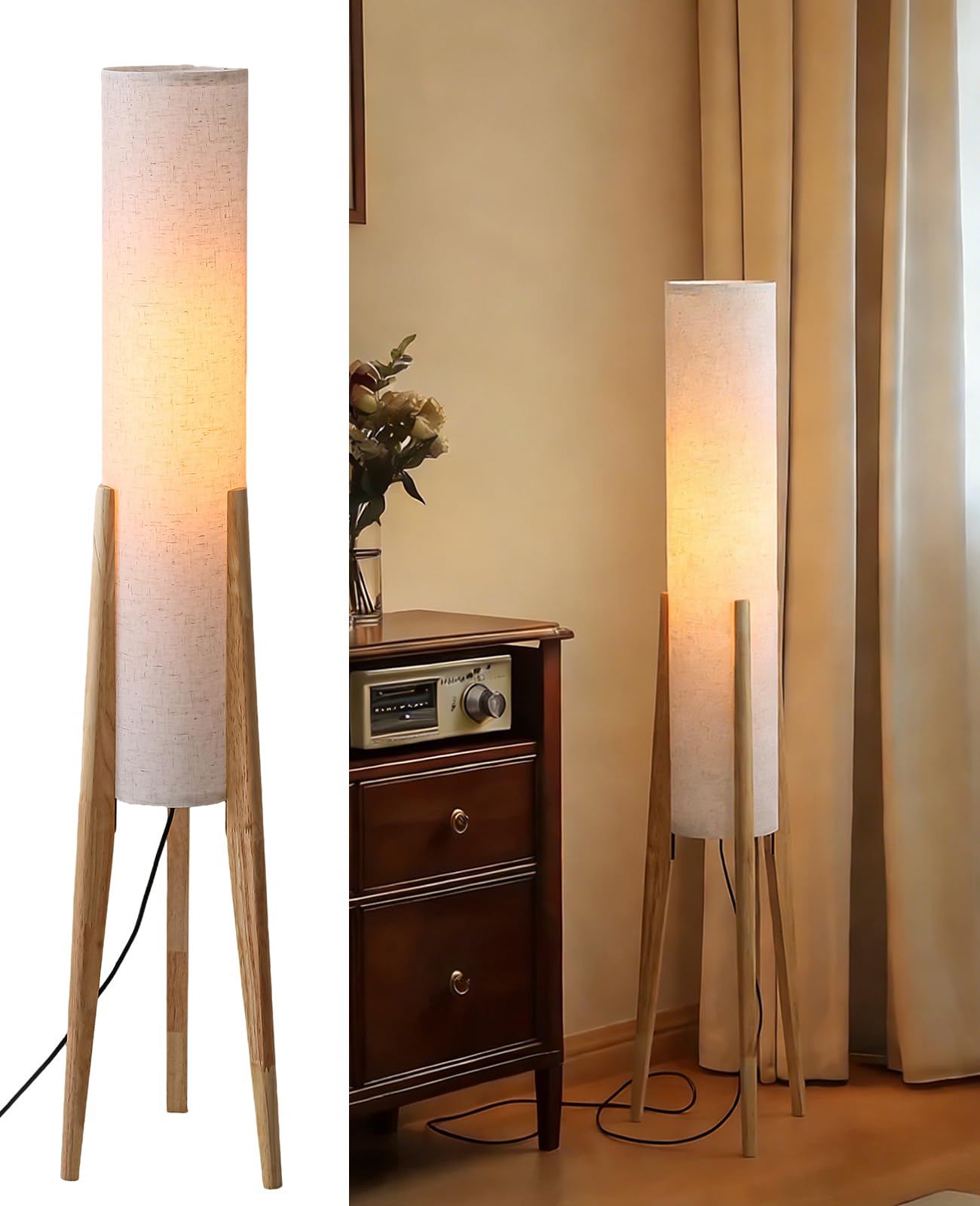 Walnut Wood Tripod Floor Lamp, 48.8 in High Vintage Column Floor Lamps with White Fabric Lampshade, Mid Century Modern Floor Lamp for Bedroom Living Room Home Office (Walnut)