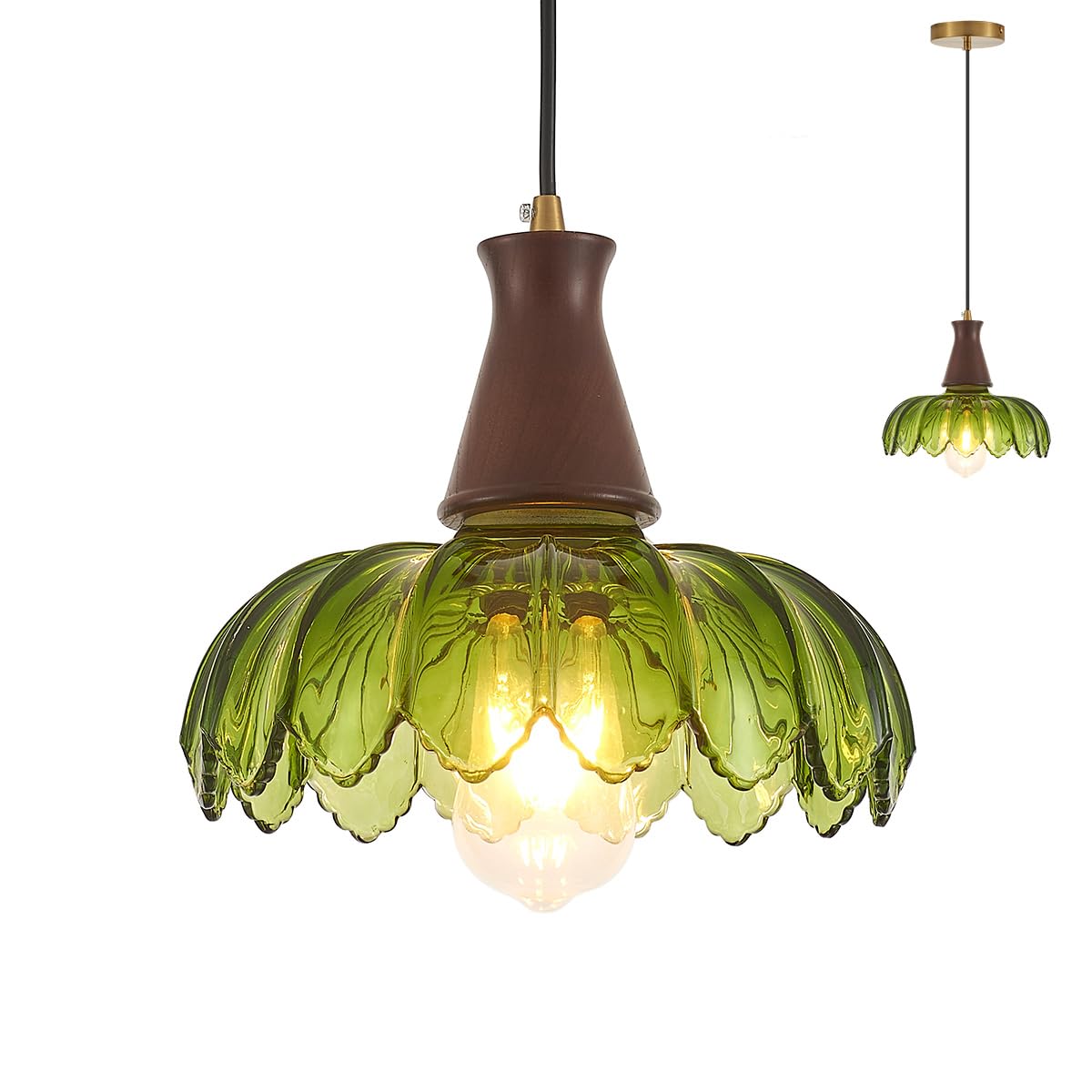 YLONG-ZS Vintage Plug in Pendant Light,Boho Hanging Lamp Plug in Pulley Green Glass Pendant Lamp,Modern Walnut Color Wood Hanging Light for Kitchen Island, Bedroom, Dining Room, Living Room