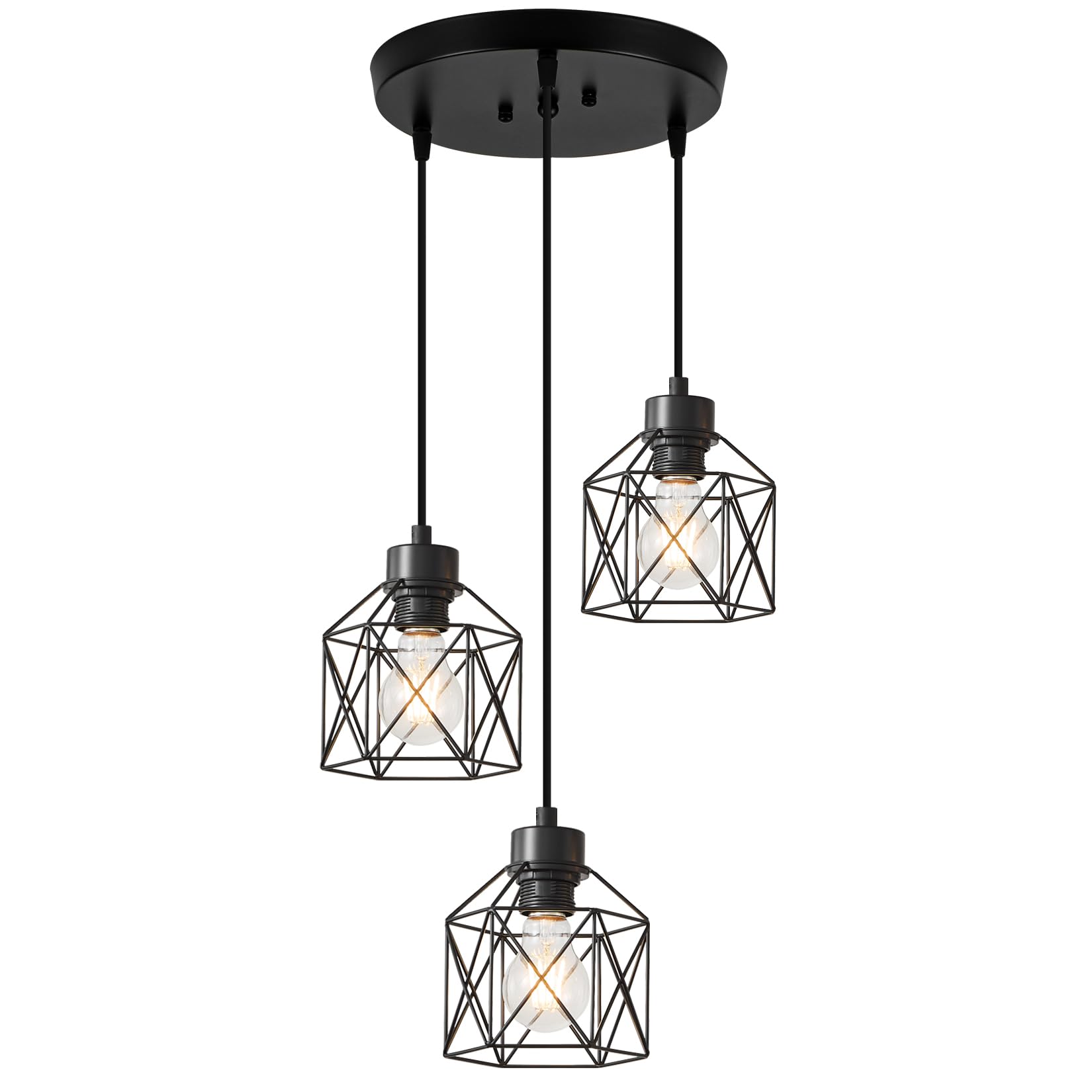 4-Light Hanging Pendant Light Fixtures, Farmhouse Kitchen Island Light Fixture, Industrial Hanging Pendant Lighting for Dining Room Bedroom Hallway, Black Metal Cage Pendant Lamp, E26 Base