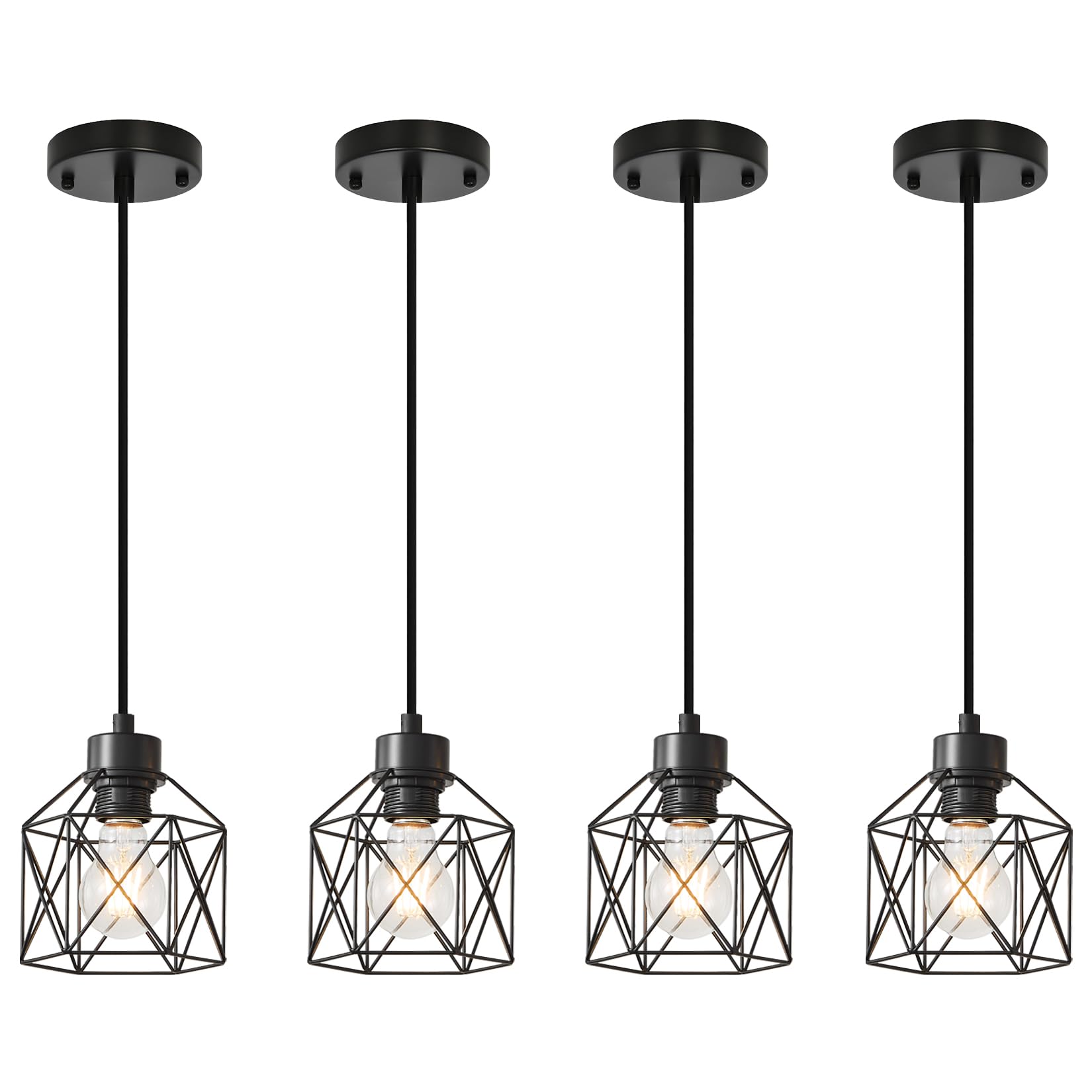4-Light Hanging Pendant Light Fixtures, Farmhouse Kitchen Island Light Fixture, Industrial Hanging Pendant Lighting for Dining Room Bedroom Hallway, Black Metal Cage Pendant Lamp, E26 Base