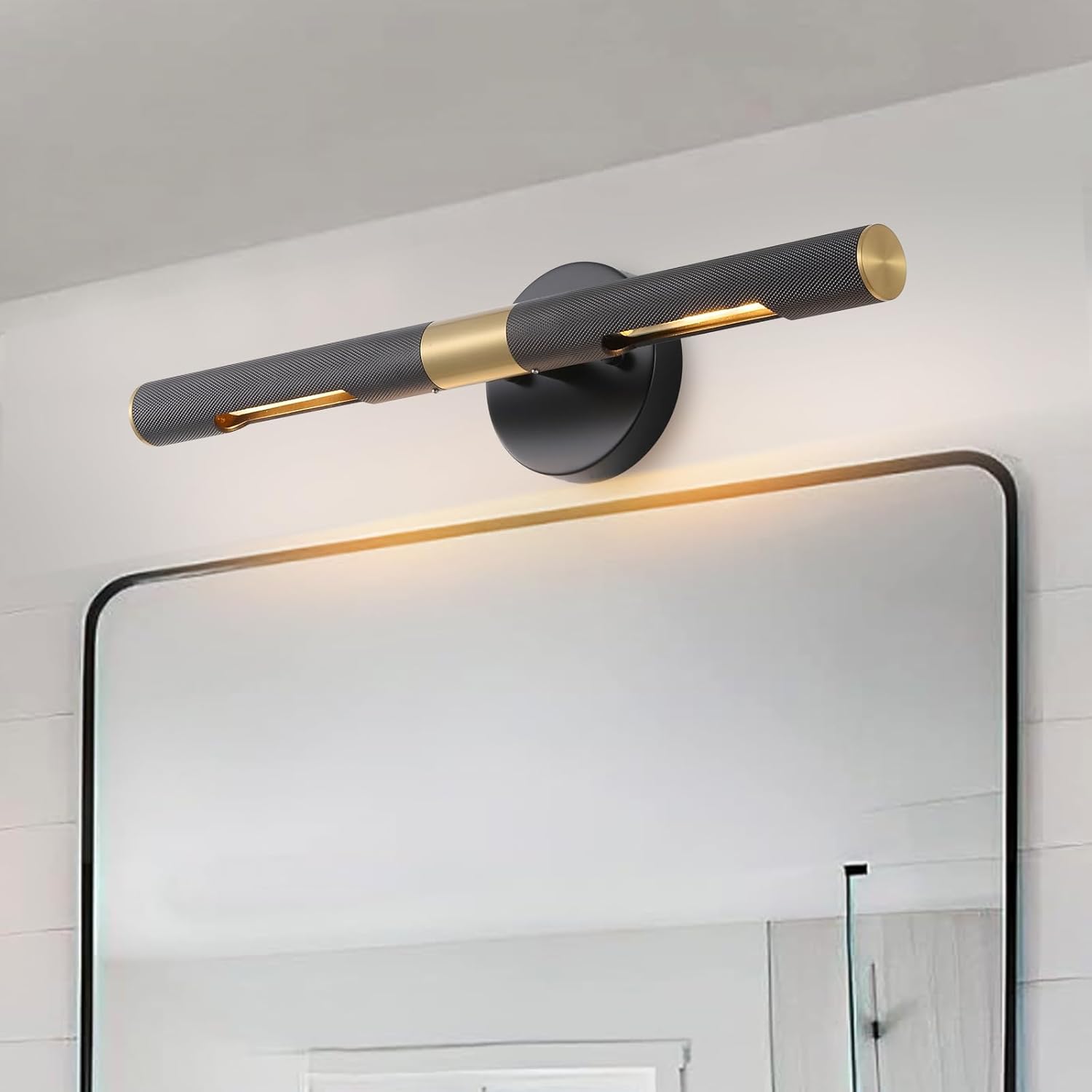 Modern Picture Light 19 inches Brushed Brass Gold Black Wall Sconce with Knurled Texture Cylinder Metal Shades Rotatable 360°Indoor Wall Lighting Fixture for Bathroom Vanity Lights Bedroom