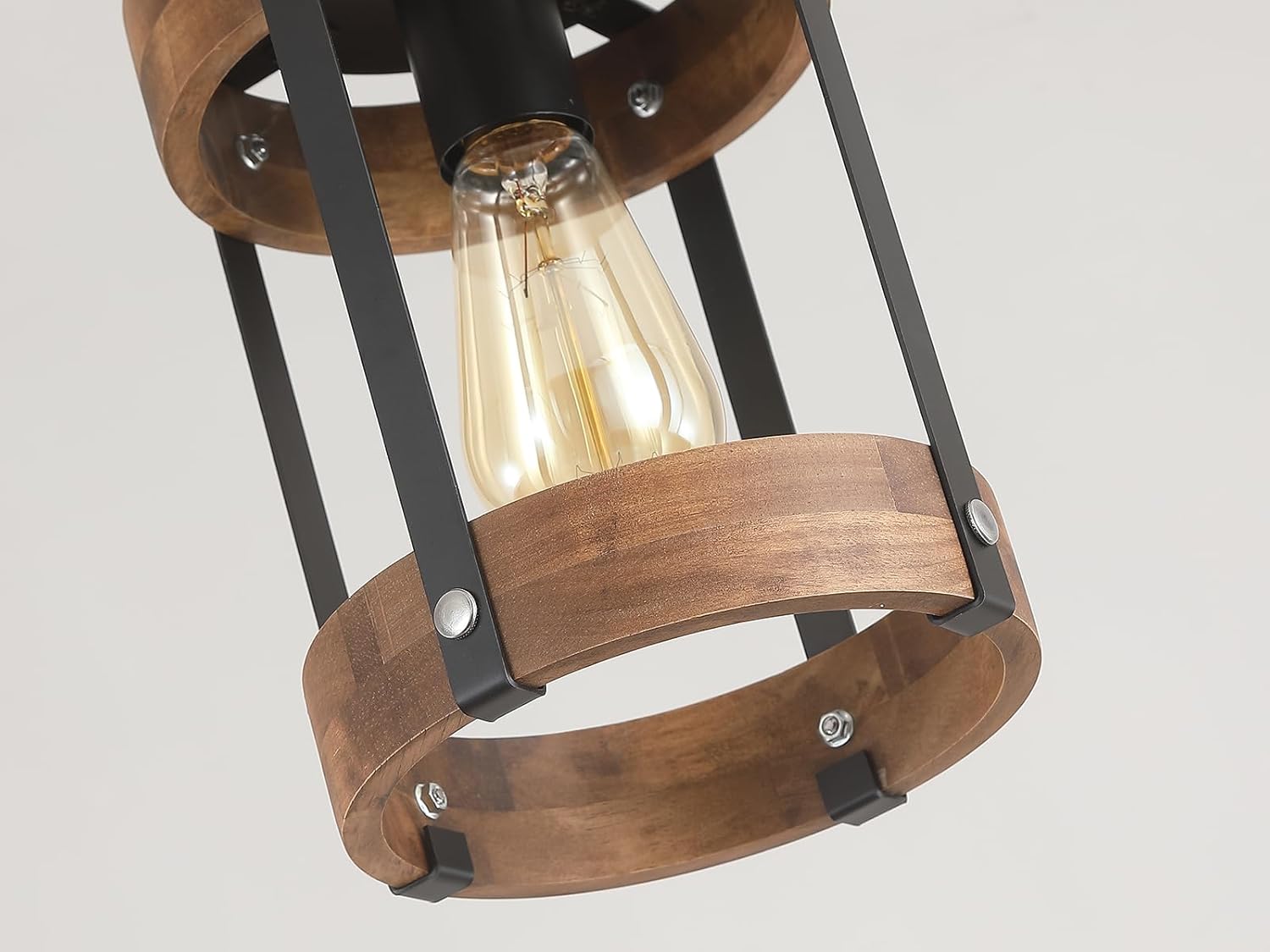 2 Pack Rustic Farmhouse Plug in Pendant Light Fixture with Adjustable Chain, Dimmable Switch, Oak Wood and Metal Drum Cage Mini Hanging Lamp for Kitchen Island Living Room Hallway Farmhouse, Black