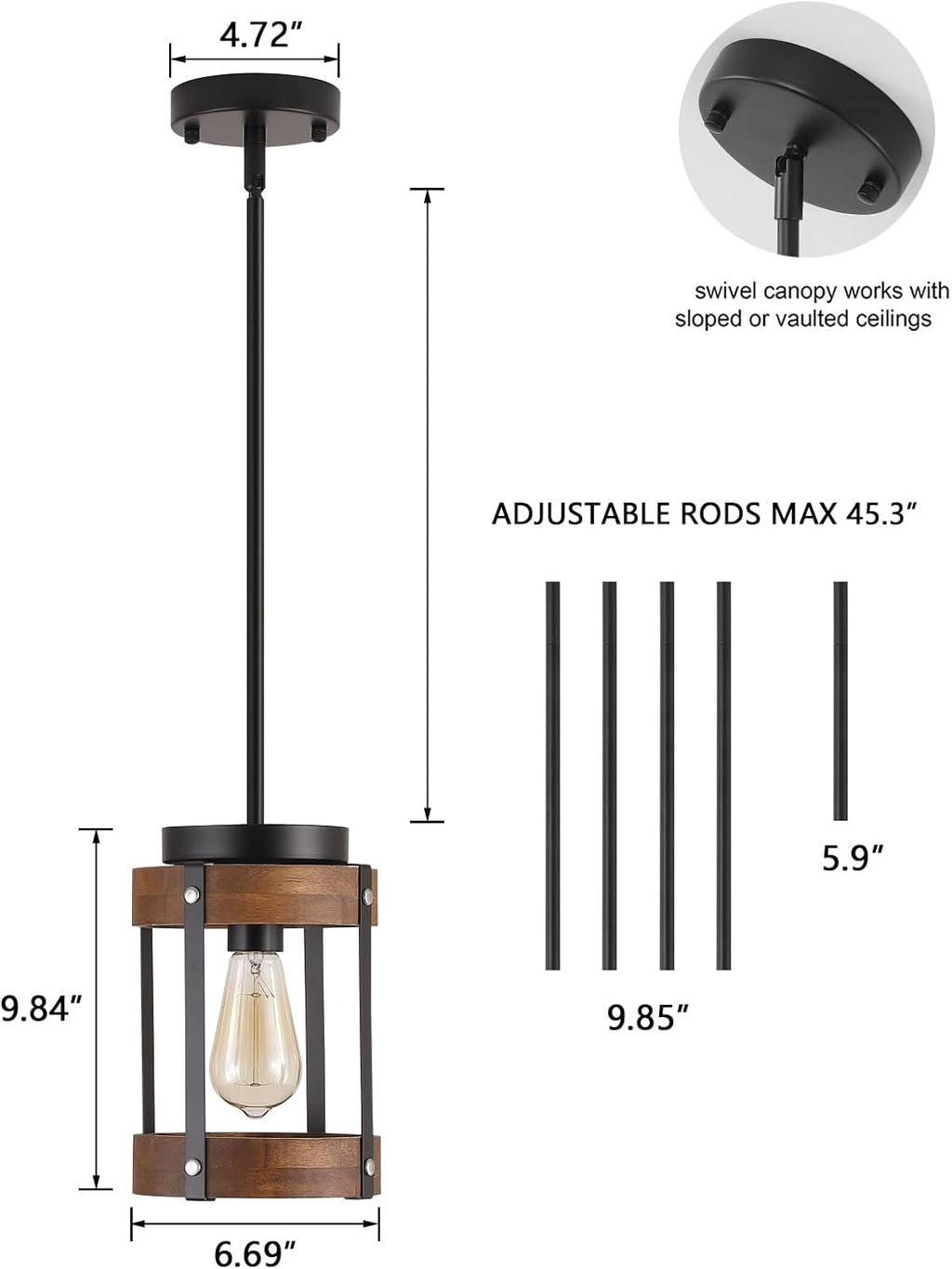 2 Pack Rustic Farmhouse Wood Pendant Light Fixture One-Light Adjustable Rods Oak Wood and Metal Drum Cage Small Pendant Lighting for Kitchen Island Sink Hallway Bathroom Bar Farmhouse, Black