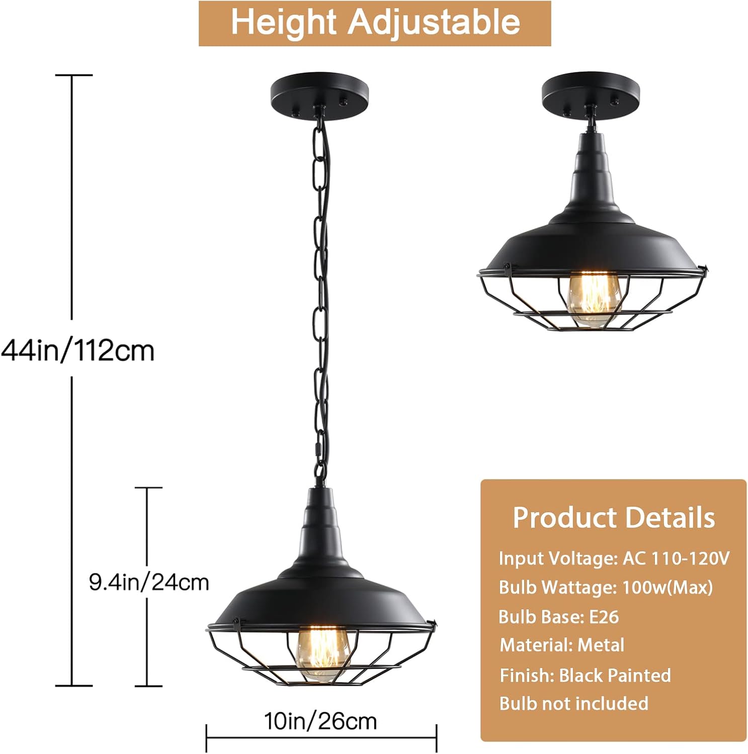 Industrial Pendant Lights 2 Pack Farmhouse Pendant Lights with Adjustable Chain, D10.2 Rustic Pendant Lighting Barn Black Metal Hanging Lights with Wire Cage for Kitchen Island Dining Room