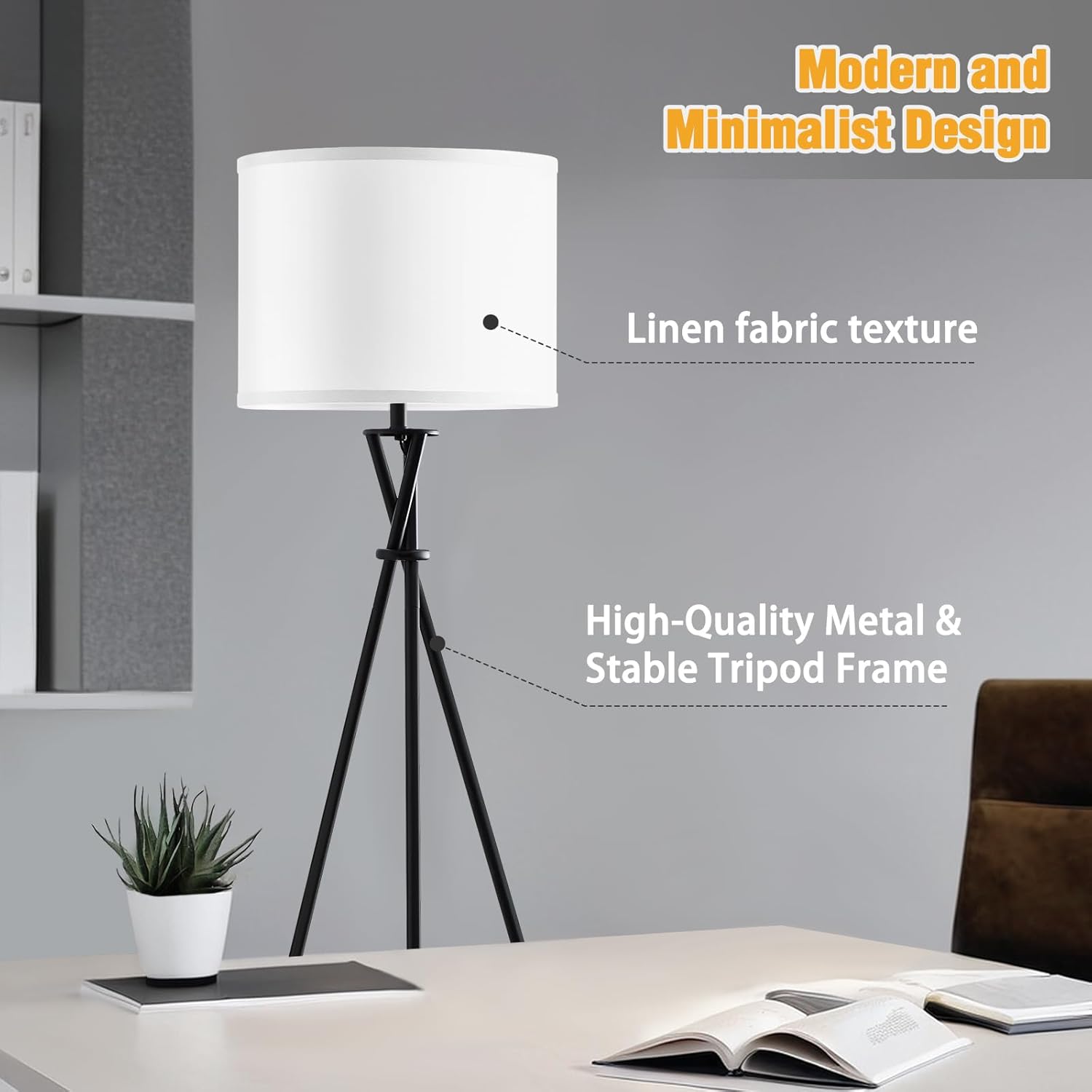 Floor Lamp for Living Room, 61'' Modern Tripod Floor Lamps with White Shade & Rotary Switch, Black Floor lamp for Bedroom, Office, Simple Design Lamp