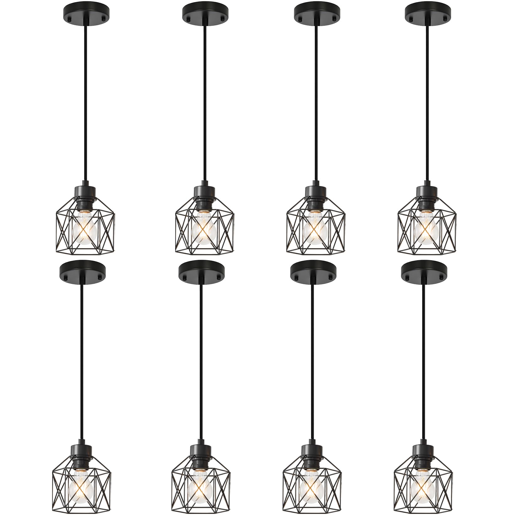 4-Light Hanging Pendant Light Fixtures, Farmhouse Kitchen Island Light Fixture, Industrial Hanging Pendant Lighting for Dining Room Bedroom Hallway, Black Metal Cage Pendant Lamp, E26 Base