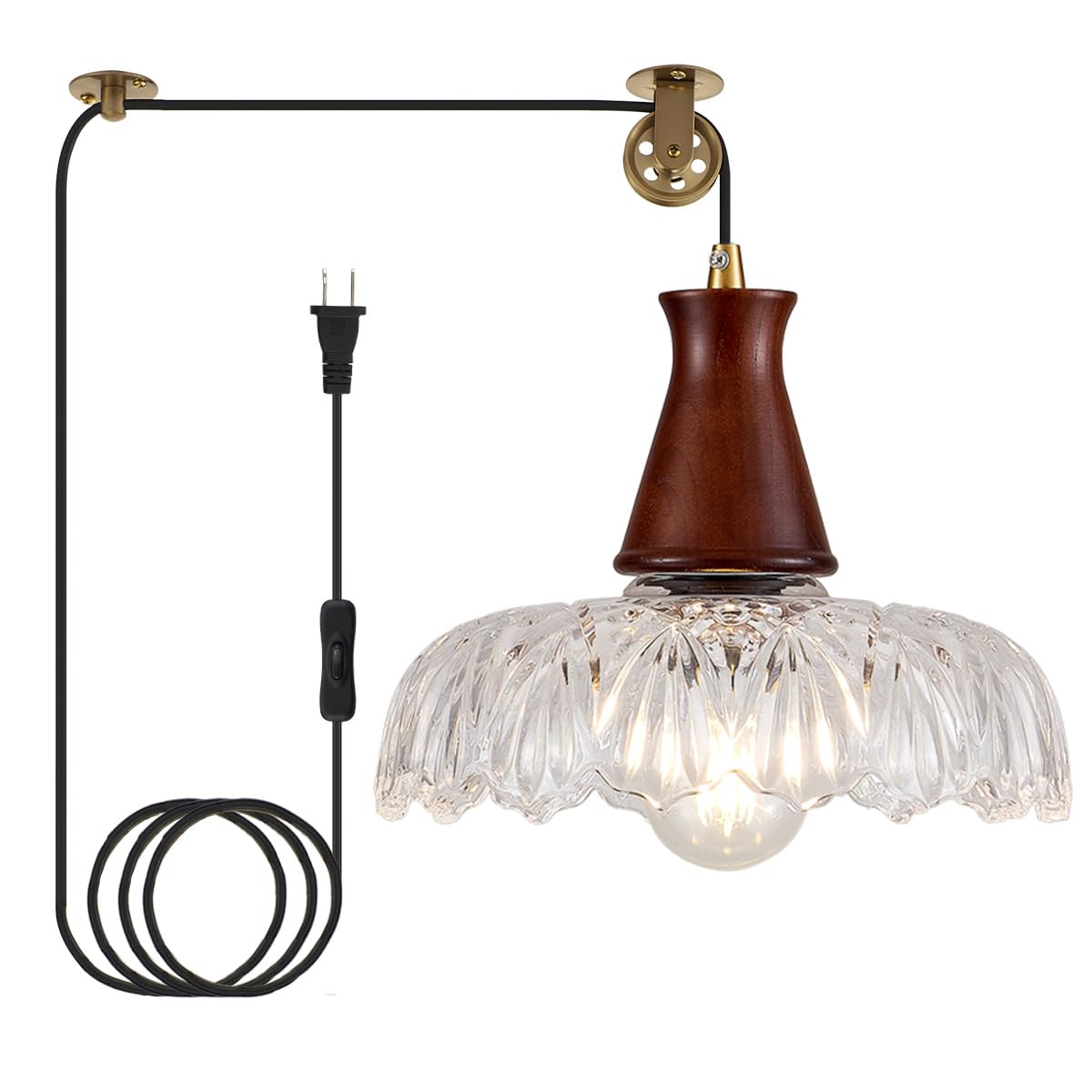 YLONG-ZS Vintage Plug in Pendant Light,Boho Hanging Lamp Plug in Pulley Green Glass Pendant Lamp,Modern Walnut Color Wood Hanging Light for Kitchen Island, Bedroom, Dining Room, Living Room
