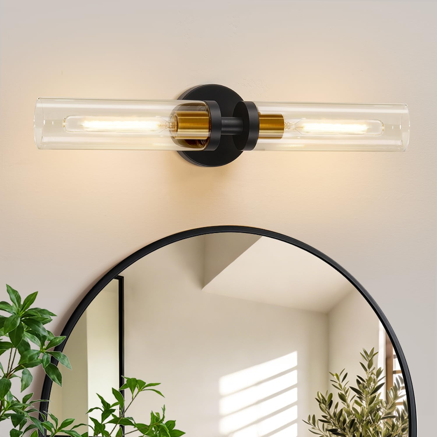 Indoi Hardwired Wall Sconces Set of Two, 22" Black and Gold Bathroom Sconces with Clear Glass, Modern Sconces Wall Decor Set of 2 Wall Light fixtures for Bathroom Mirror Living Room Hallway Bedroom