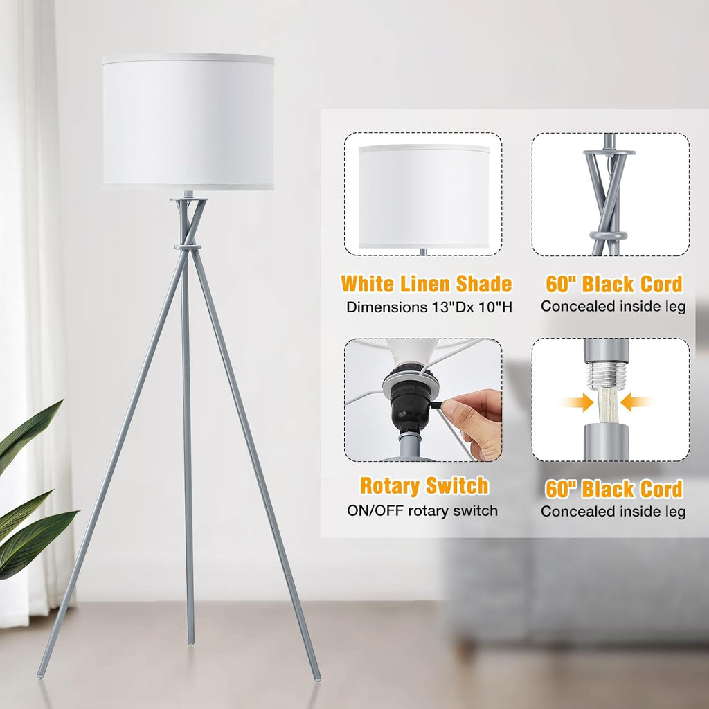 Tripod Floor Lamp Silver, 61”Tall Floor Lamps, Standing Lamp with Rotary Switch, Modern Floor Lamp Simple Design with White Shade, Floor Lamps for Living Room, Bedroom, Office, Without Bulb