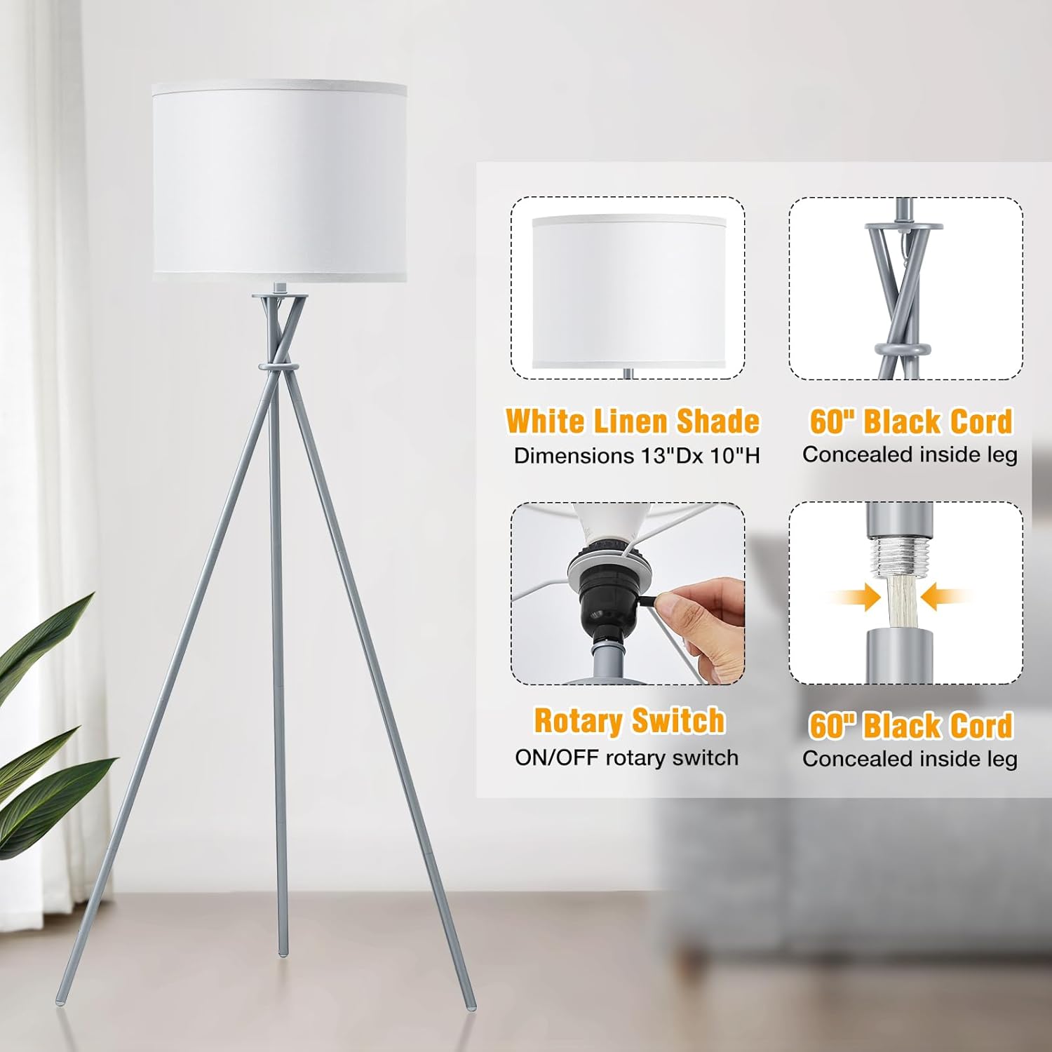 Tripod Floor Lamp Silver, 61”Tall Floor Lamps, Standing Lamp with Rotary Switch, Modern Floor Lamp Simple Design with White Shade, Floor Lamps for Living Room, Bedroom, Office, Without Bulb