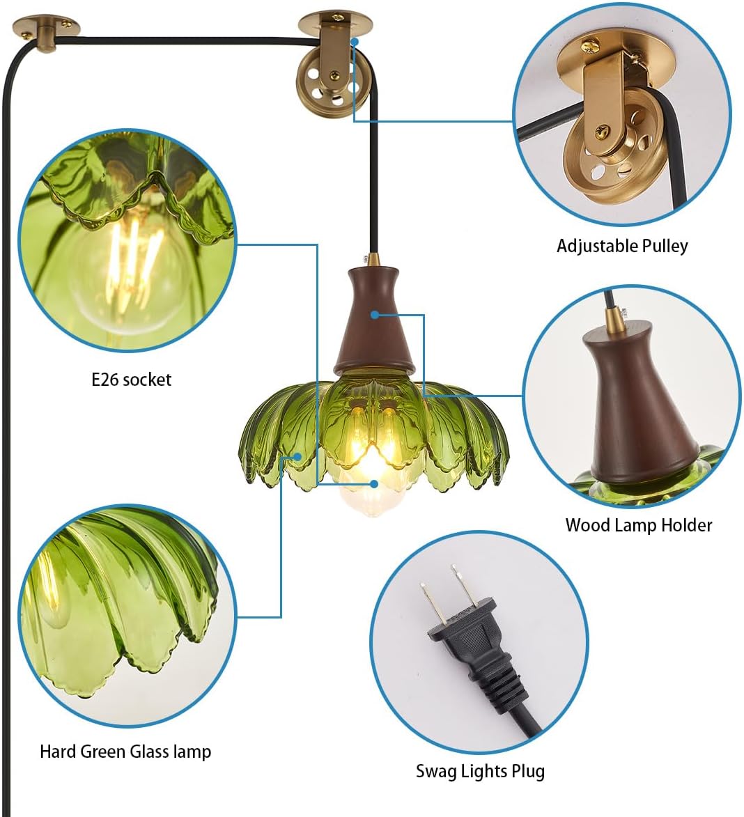 YLONG-ZS Vintage Plug in Pendant Light,Boho Hanging Lamp Plug in Pulley Green Glass Pendant Lamp,Modern Walnut Color Wood Hanging Light for Kitchen Island, Bedroom, Dining Room, Living Room