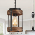 2 Pack Rustic Farmhouse Plug in Pendant Light Fixture with Adjustable Chain, Dimmable Switch, Oak Wood and Metal Drum Cage Mini Hanging Lamp for Kitchen Island Living Room Hallway Farmhouse, Black