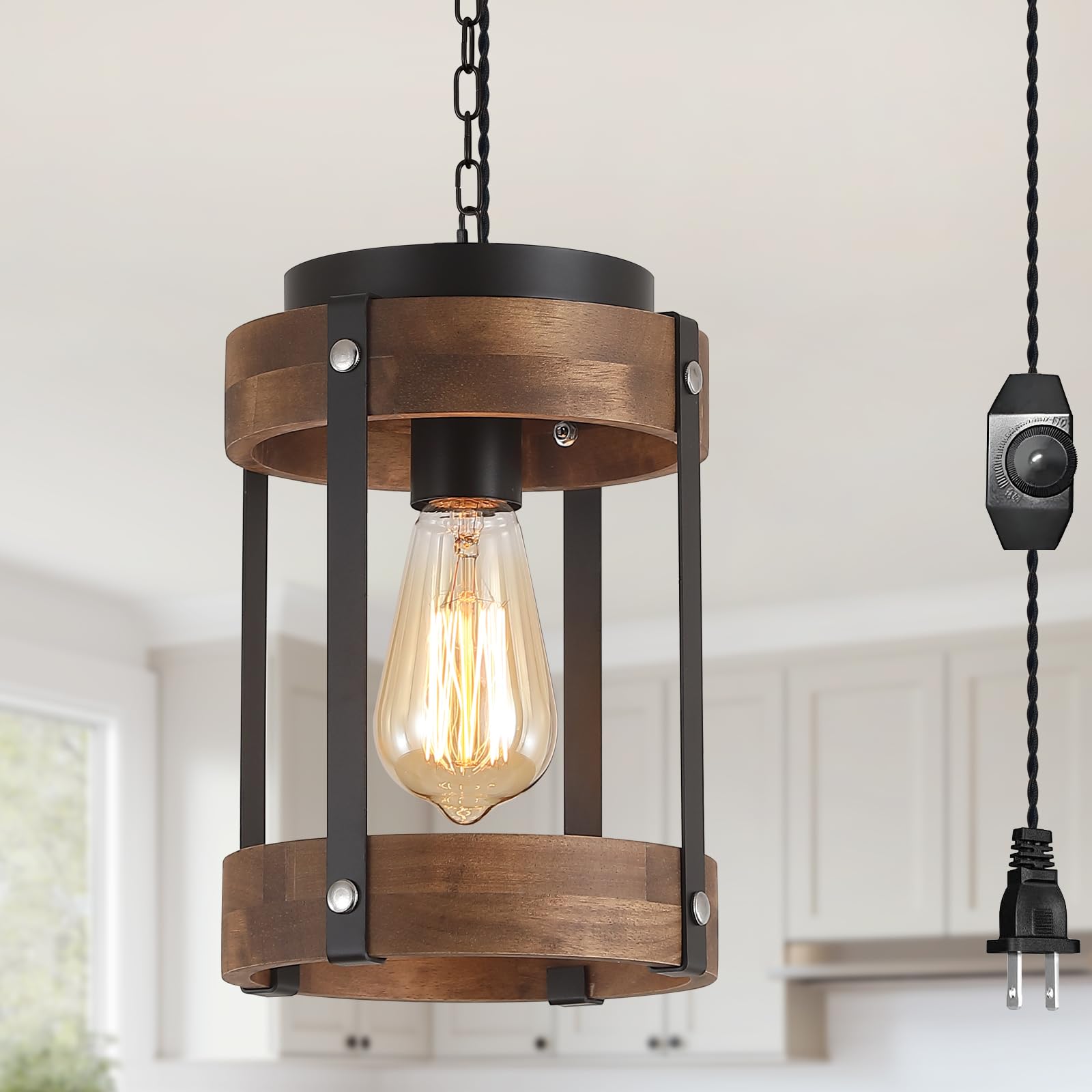 2 Pack Rustic Farmhouse Plug in Pendant Light Fixture with Adjustable Chain, Dimmable Switch, Oak Wood and Metal Drum Cage Mini Hanging Lamp for Kitchen Island Living Room Hallway Farmhouse, Black