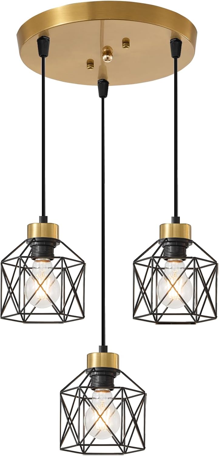 4-Light Hanging Pendant Light Fixtures, Farmhouse Kitchen Island Light Fixture, Industrial Hanging Pendant Lighting for Dining Room Bedroom Hallway, Black Metal Cage Pendant Lamp, E26 Base