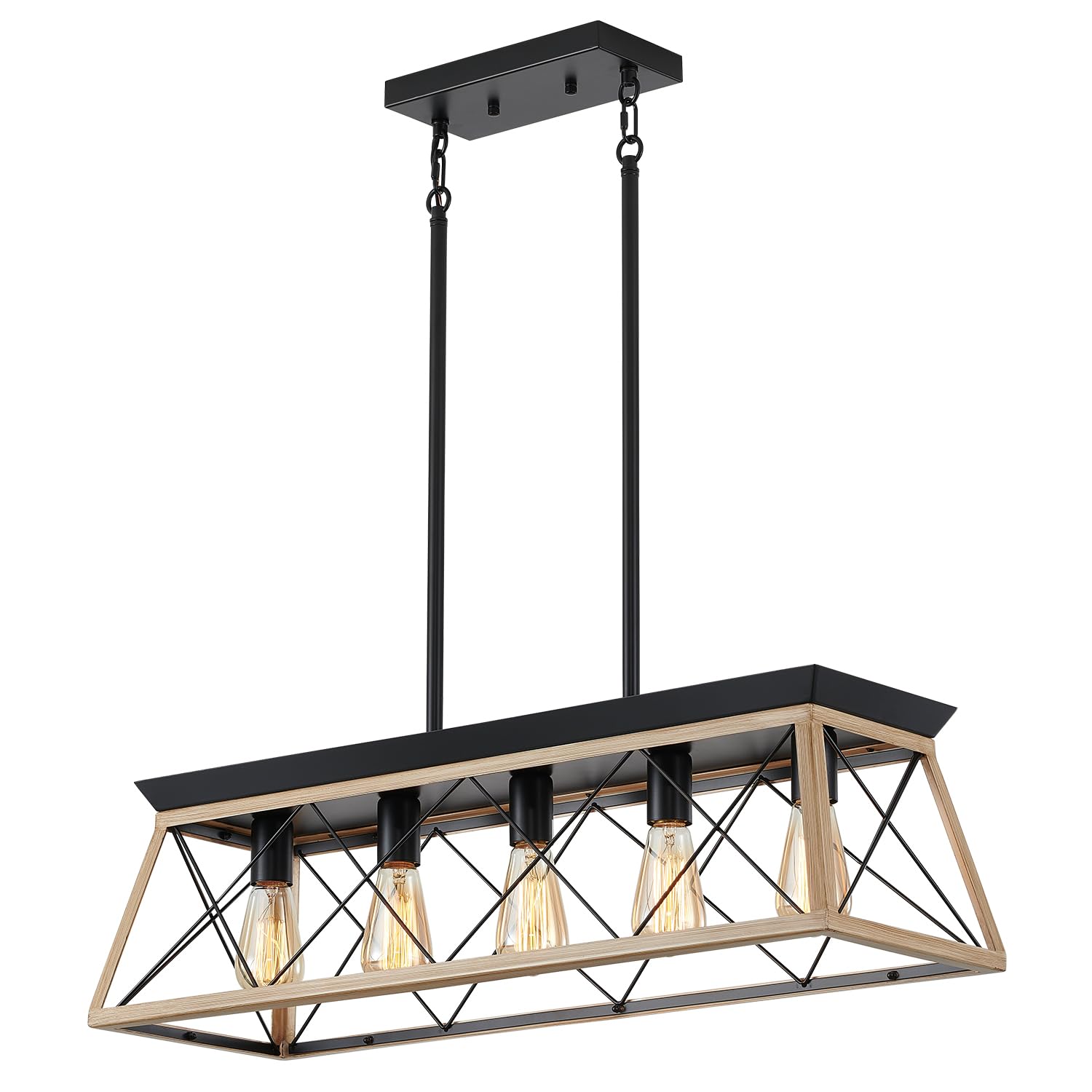 Industrial Pendant Light Fixture, 3-Light Kitchen Island Lighting with Wood Grain Bar and Black Metal Cage, Farmhouse Rustic Hanging Ceiling Lamp for Dining Room, Living Room