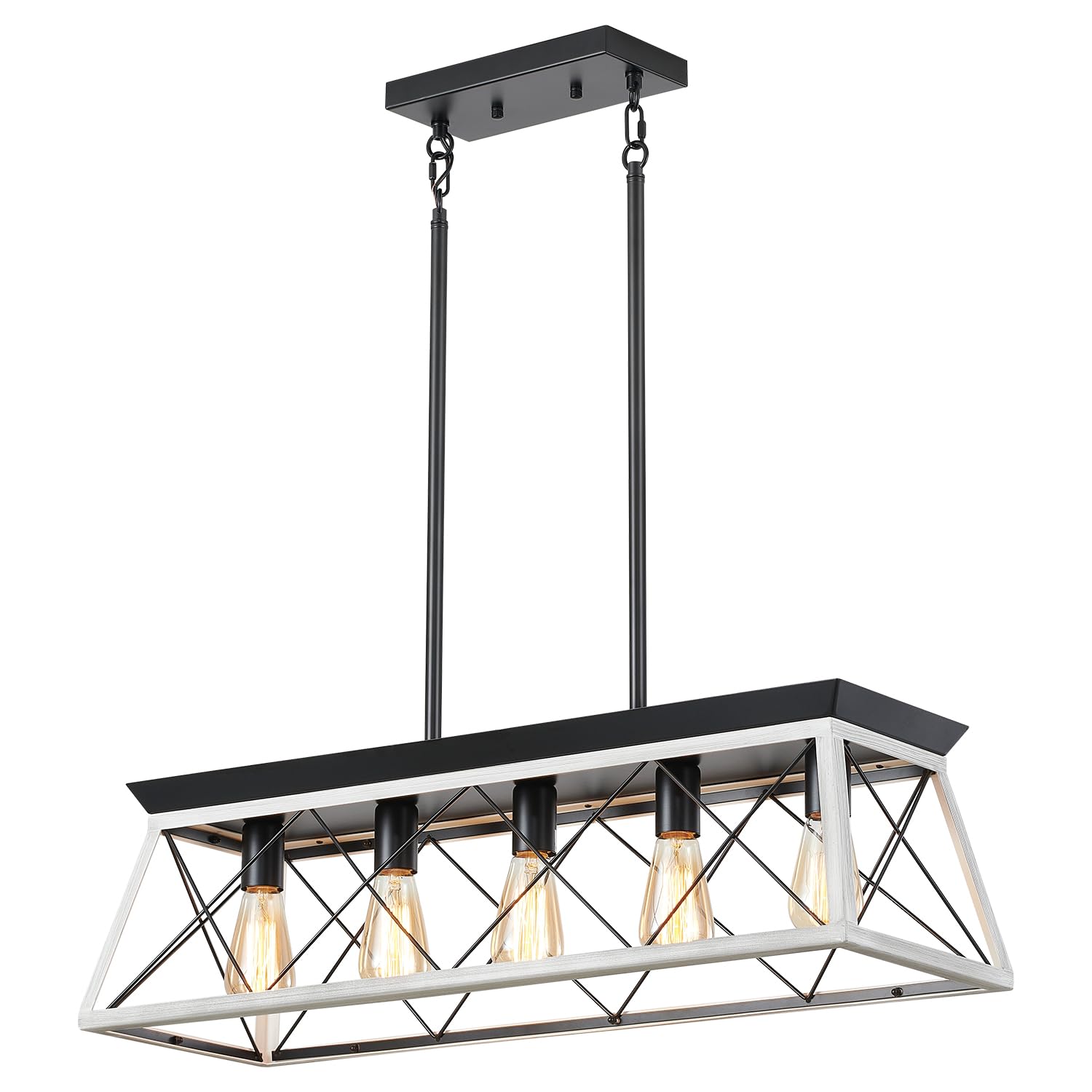 Industrial Pendant Light Fixture, 3-Light Kitchen Island Lighting with Wood Grain Bar and Black Metal Cage, Farmhouse Rustic Hanging Ceiling Lamp for Dining Room, Living Room