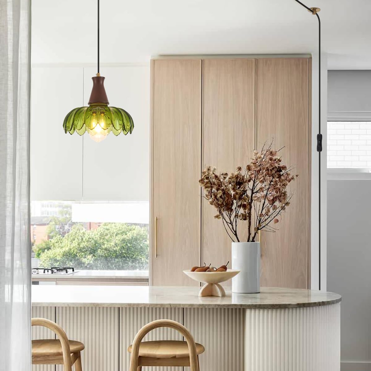 YLONG-ZS Vintage Plug in Pendant Light,Boho Hanging Lamp Plug in Pulley Green Glass Pendant Lamp,Modern Walnut Color Wood Hanging Light for Kitchen Island, Bedroom, Dining Room, Living Room