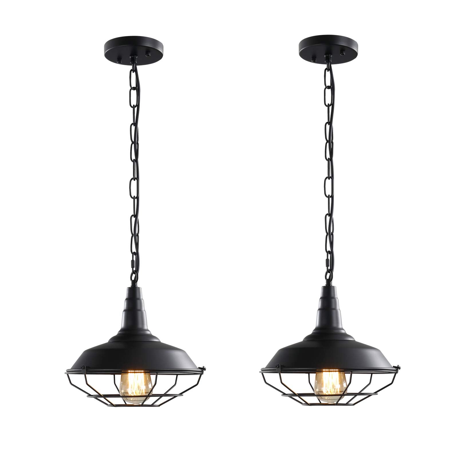 Industrial Pendant Lights 2 Pack Farmhouse Pendant Lights with Adjustable Chain, D10.2 Rustic Pendant Lighting Barn Black Metal Hanging Lights with Wire Cage for Kitchen Island Dining Room