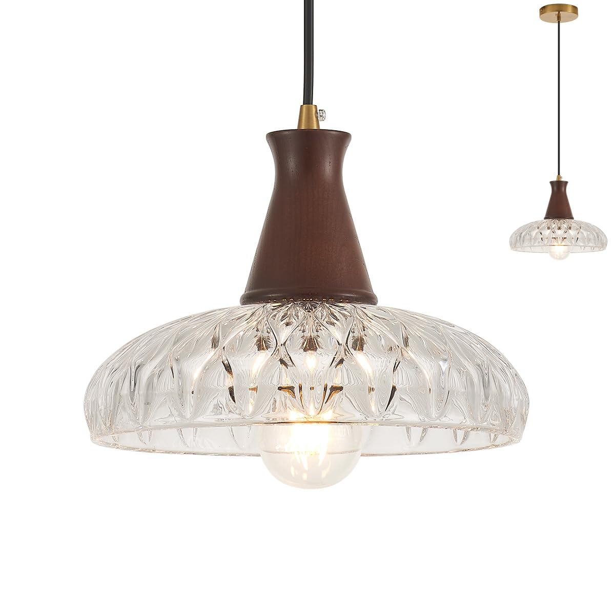 YLONG-ZS Vintage Plug in Pendant Light,Boho Hanging Lamp Plug in Pulley Green Glass Pendant Lamp,Modern Walnut Color Wood Hanging Light for Kitchen Island, Bedroom, Dining Room, Living Room