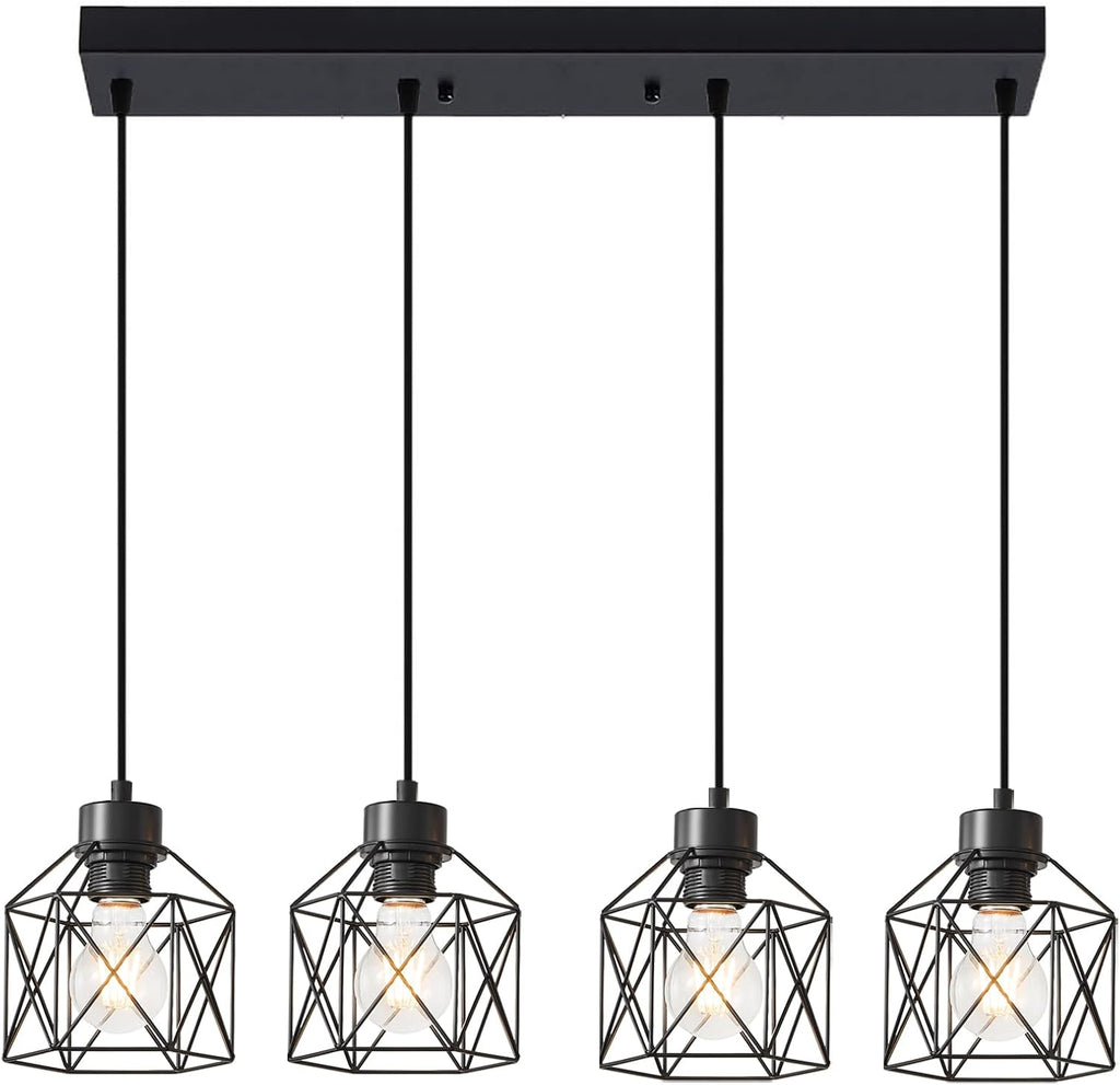 4-Light Hanging Pendant Light Fixtures, Farmhouse Kitchen Island Light Fixture, Industrial Hanging Pendant Lighting for Dining Room Bedroom Hallway, Black Metal Cage Pendant Lamp, E26 Base