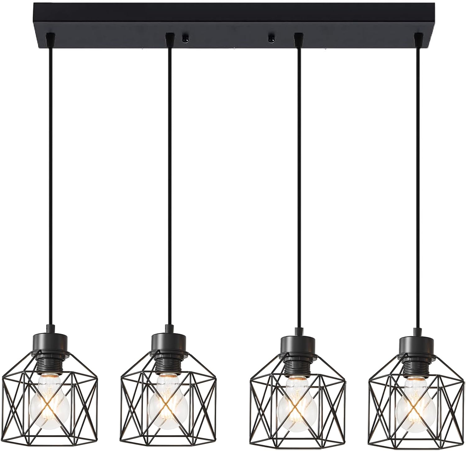 4-Light Hanging Pendant Light Fixtures, Farmhouse Kitchen Island Light Fixture, Industrial Hanging Pendant Lighting for Dining Room Bedroom Hallway, Black Metal Cage Pendant Lamp, E26 Base
