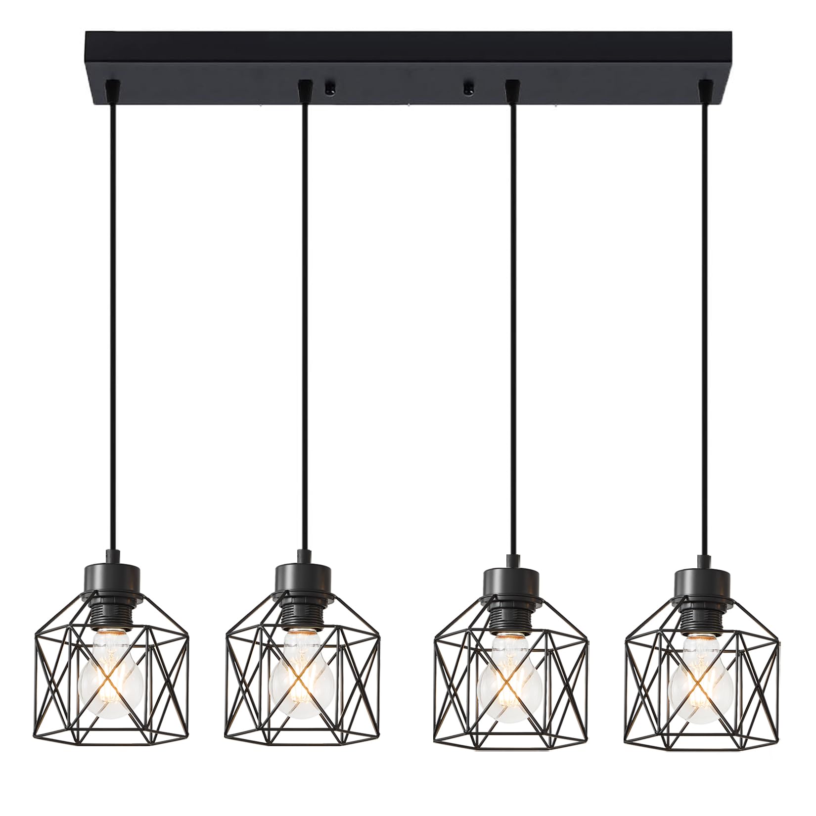 4-Light Hanging Pendant Light Fixtures, Farmhouse Kitchen Island Light Fixture, Industrial Hanging Pendant Lighting for Dining Room Bedroom Hallway, Black Metal Cage Pendant Lamp, E26 Base