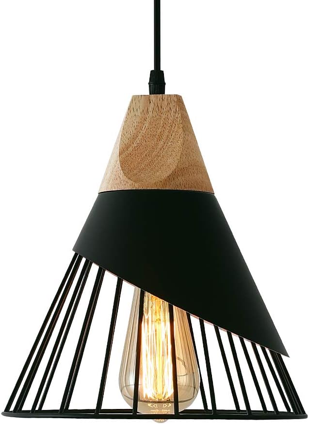 Black Farmhouse Pendant Light with Wood,Modern Wood & Metal Pendant Lighting,Adjustable Height Hanging Ceiling Light Fixture for Kitchen Island Dining Room Bedroom Hallway
