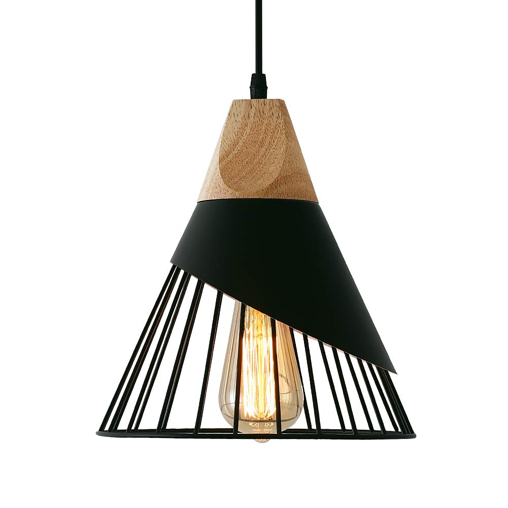 Black Farmhouse Pendant Light with Wood,Modern Wood & Metal Pendant Lighting,Adjustable Height Hanging Ceiling Light Fixture for Kitchen Island Dining Room Bedroom Hallway
