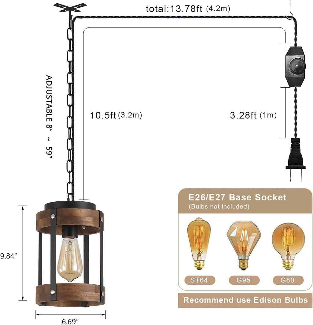 2 Pack Rustic Farmhouse Plug in Pendant Light Fixture with Adjustable Chain, Dimmable Switch, Oak Wood and Metal Drum Cage Mini Hanging Lamp for Kitchen Island Living Room Hallway Farmhouse, Black