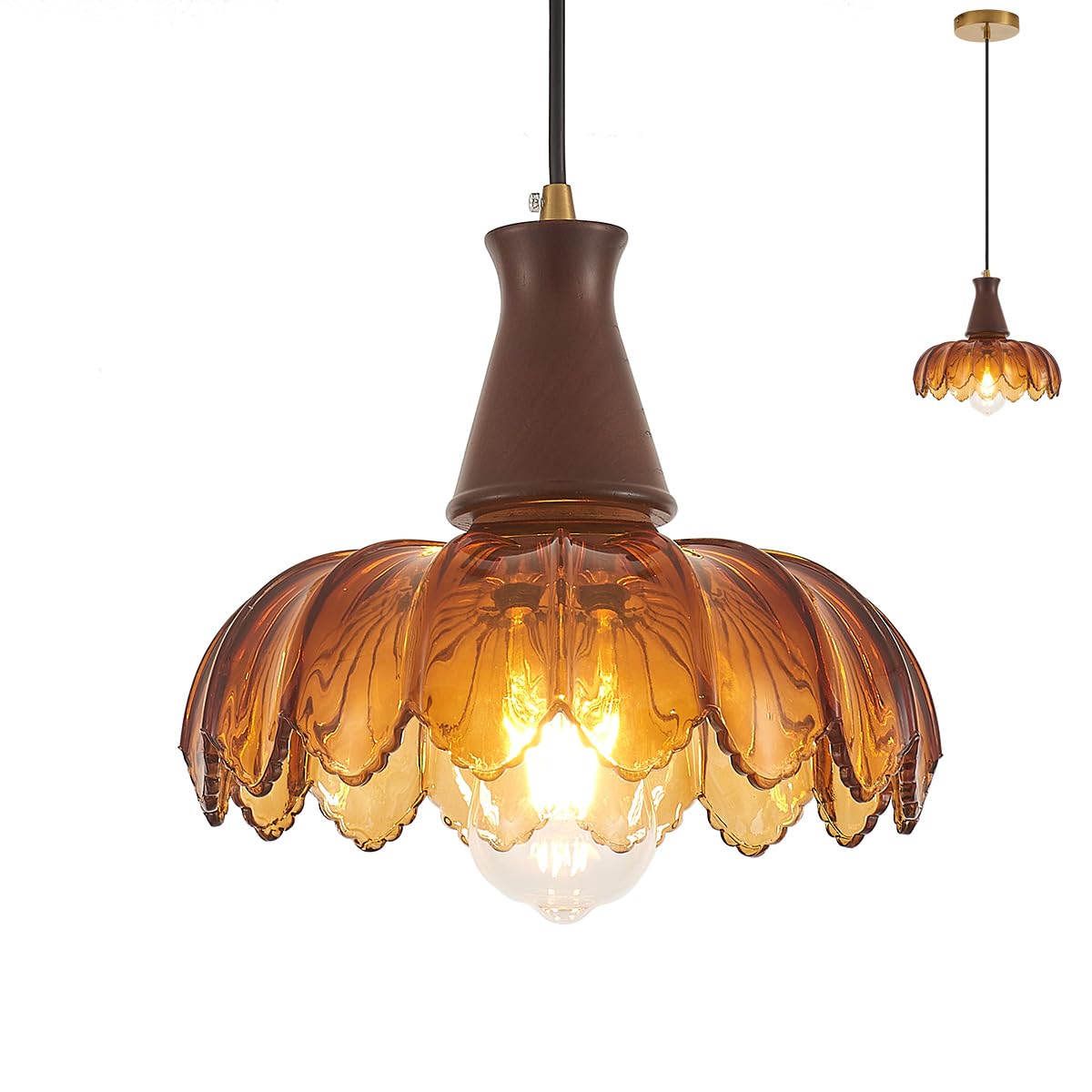 YLONG-ZS Vintage Plug in Pendant Light,Boho Hanging Lamp Plug in Pulley Green Glass Pendant Lamp,Modern Walnut Color Wood Hanging Light for Kitchen Island, Bedroom, Dining Room, Living Room
