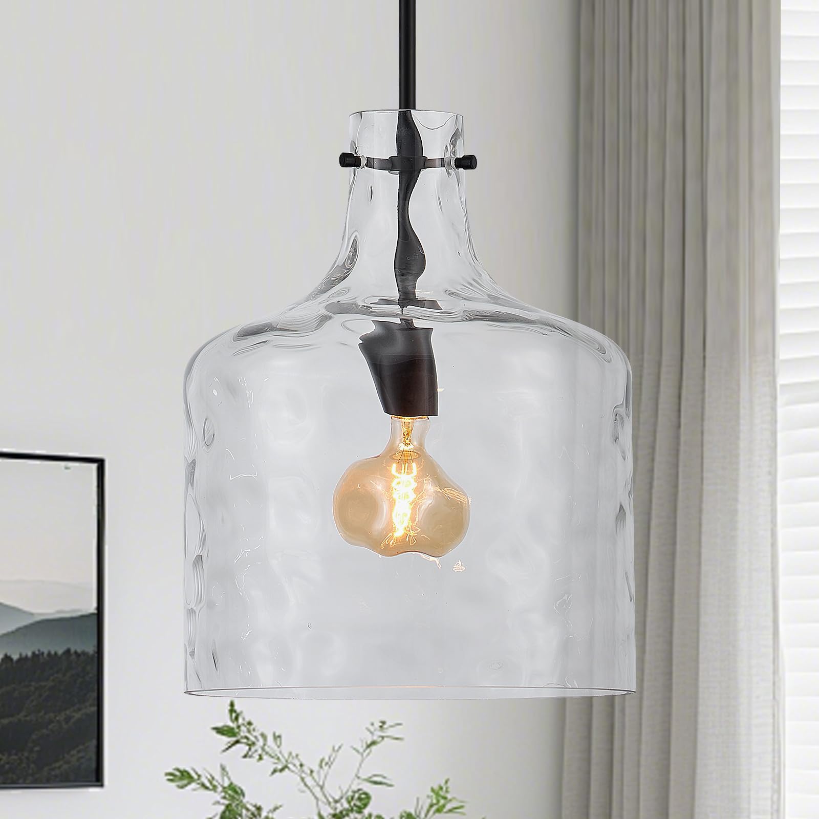 VILUXY Black Pendant Lights Kitchen Island Farmhouse Seeded Glass 1-Light Dining Room Pendant Lamp Fixtures Metal Cage Hanging Lights for Over Sink