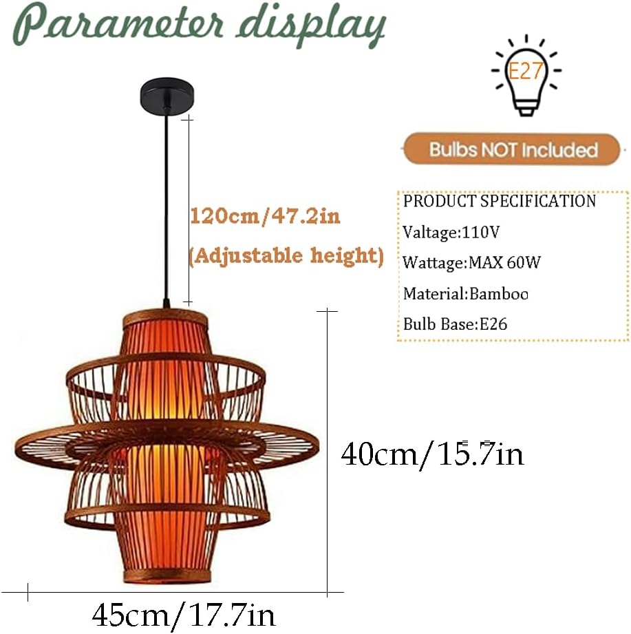Traditional Antique Pendant Light Chinese Bamboo Cage Hanging Ceiling Lamp with Red Imitation Parchment Lampshade Large Wicker Restaurant Cafe Corridor Decor Light Fixture 17.7"
