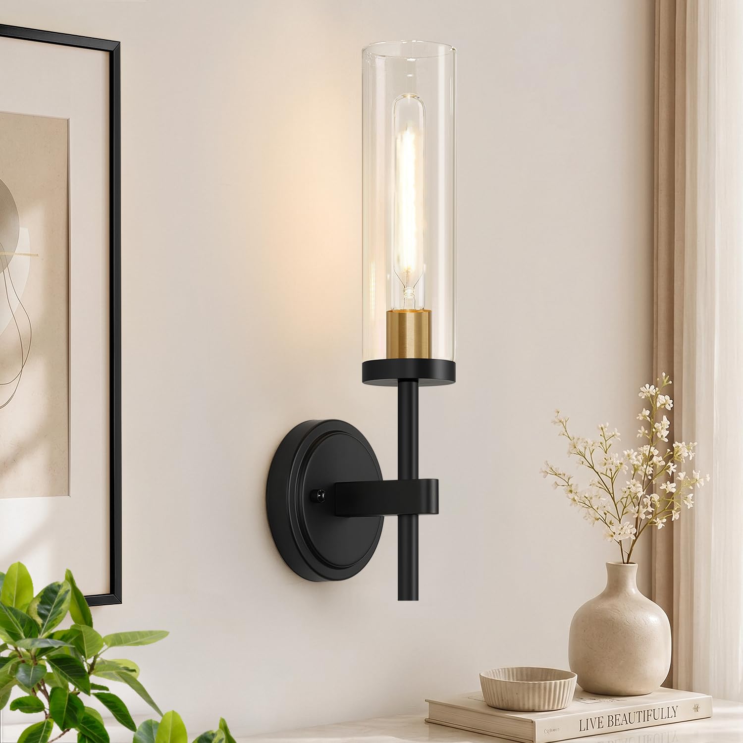 Hardwired Wall Sconces Set of Two, Matte Black Bathroom Sconces with Clear Glass, Modern Wall Light Fixtures for Bathroom Mirror Vanity, Living Room, Bedroom, Hallway, Stairway, Cabinet, Foyer