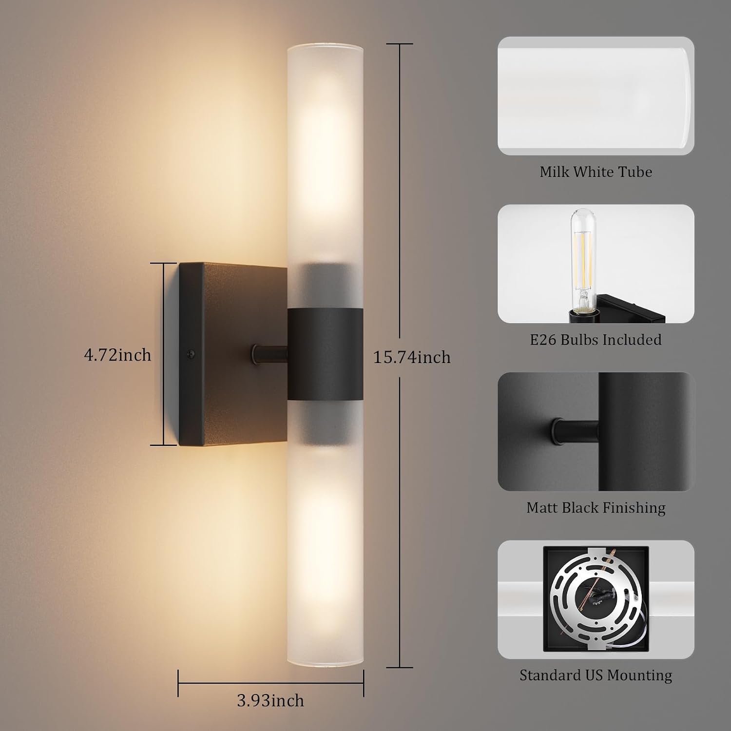 Black Wall Sconces Set of Two,15.7in Dimmable Hardwired LED Sconce Lighting Modern Indoor Vanity Sconce with Frosted Glass Shade for Bathroom Hallway(Bulbs Included)