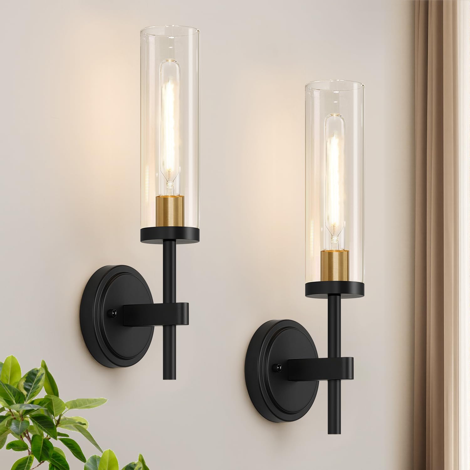 Hardwired Wall Sconces Set of Two, Matte Black Bathroom Sconces with Clear Glass, Modern Wall Light Fixtures for Bathroom Mirror Vanity, Living Room, Bedroom, Hallway, Stairway, Cabinet, Foyer