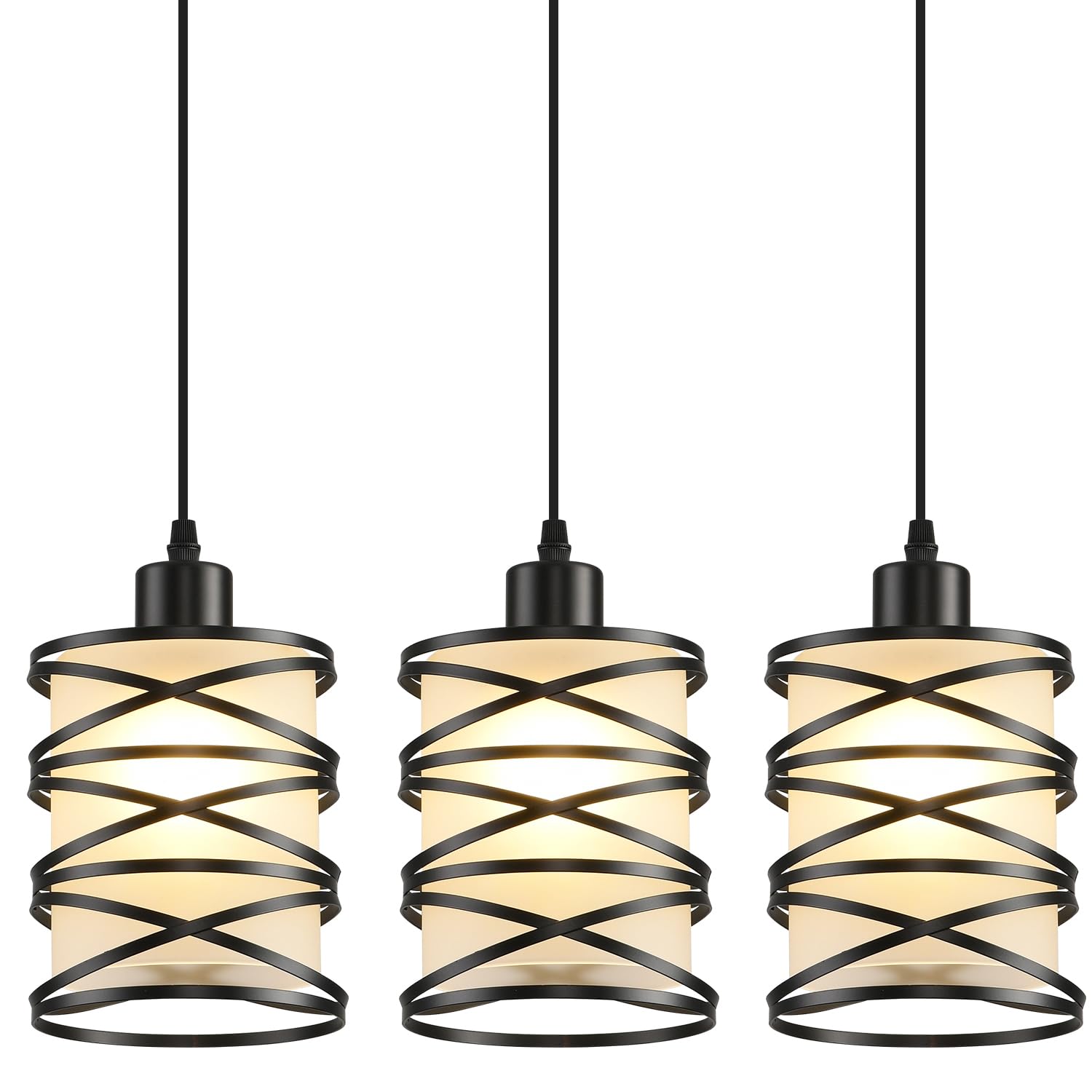 3 Pack Pendant Light Kitchen Island Pendant Lighting, Glass Hanging Light with Spiral Cage Clear Glass Shade, Black Modern Indoor Hanging Lamp