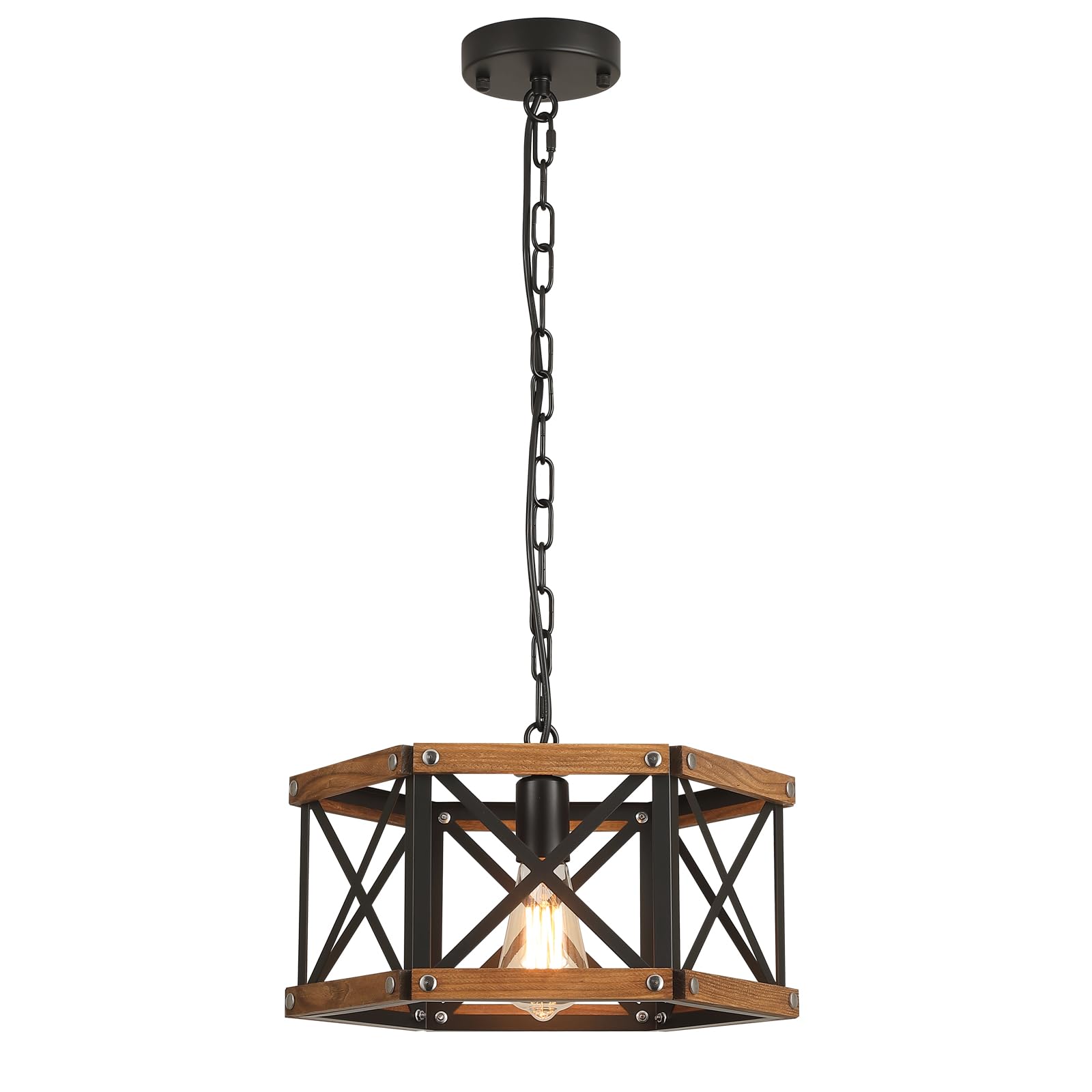 4-Light Large Rustic Farmhouse Plug in Pendant Light Fixture with Adjustable Chain, Dimmable Switch, 20 inch Oak Wood and Metal Cage Hanging Lamp for Dining Room Living Room Farmhouse Entry, Black
