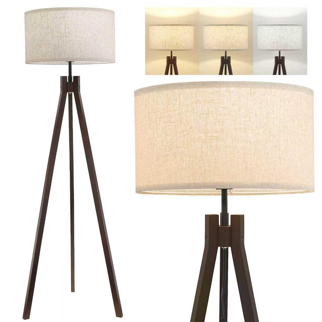 ELYONA Wood Tripod Floor Lamp, Mid Century Reading Standing Lamp with 3 Color Temperatures & Linen Shade, Modern Night Light for Bedroom, Farmhouse, Living Room, Office, 9W LED Bulb Included, Brown