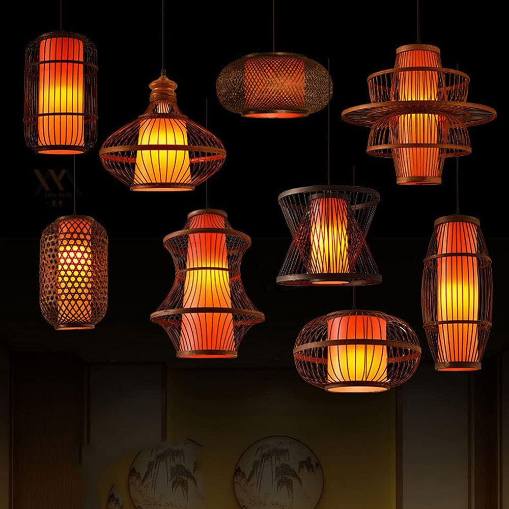 Traditional Antique Pendant Light Chinese Bamboo Cage Hanging Ceiling Lamp with Red Imitation Parchment Lampshade Large Wicker Restaurant Cafe Corridor Decor Light Fixture 17.7"