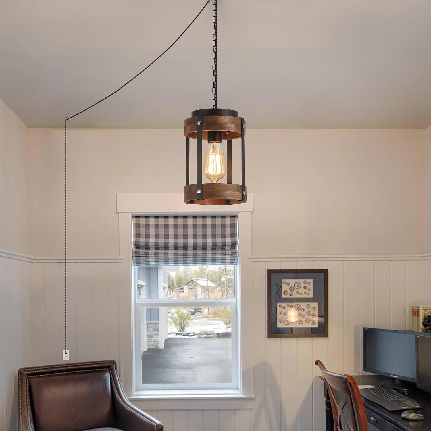2 Pack Rustic Farmhouse Plug in Pendant Light Fixture with Adjustable Chain, Dimmable Switch, Oak Wood and Metal Drum Cage Mini Hanging Lamp for Kitchen Island Living Room Hallway Farmhouse, Black